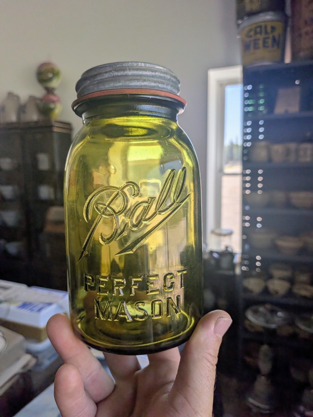 ***RARE*** Olive Green Amber Quart Dropped A Ball Perfect Mason Fruit Jar