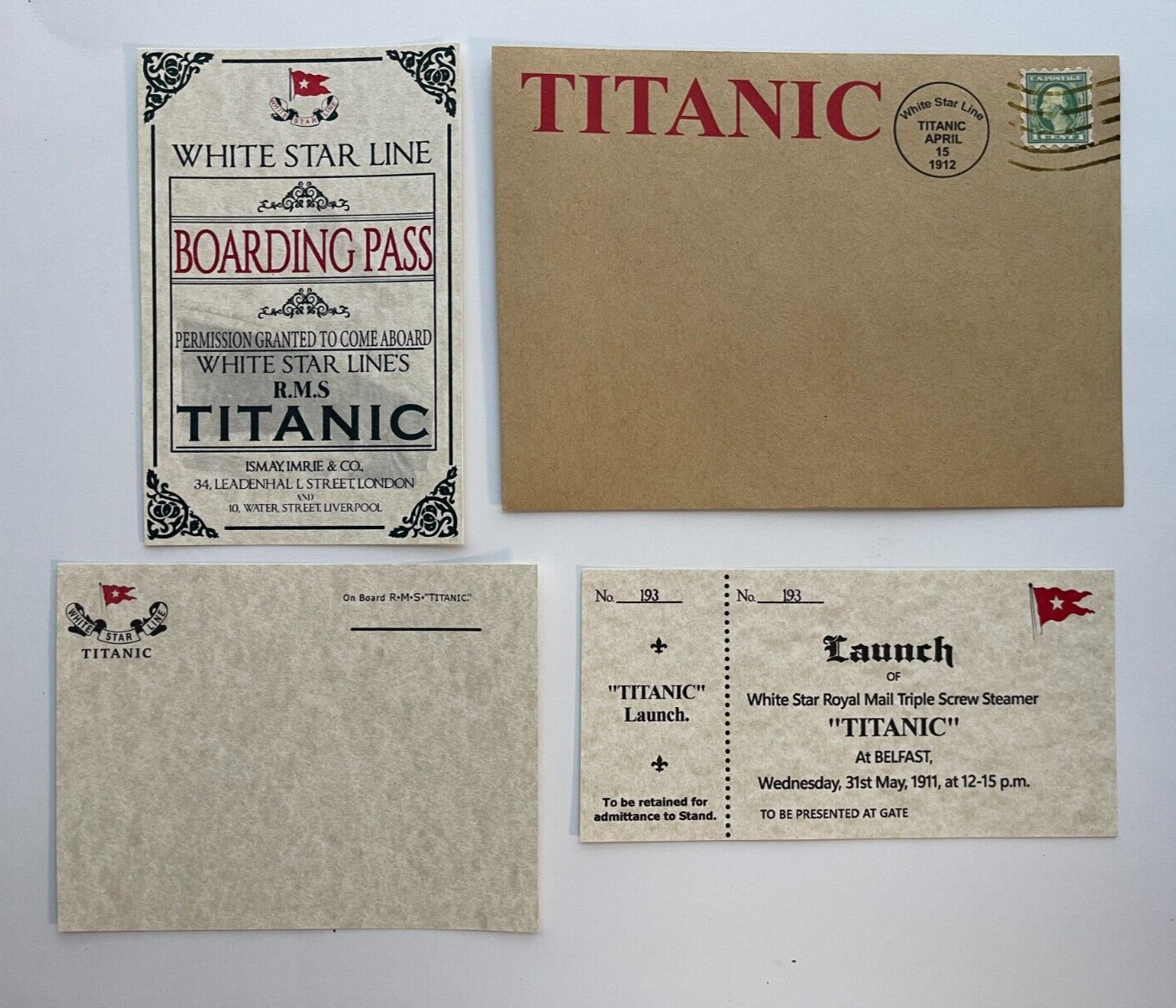 Titanic Boarding Pass, Titanic Launch Ticket, Titanic Postcard, and Envelope
