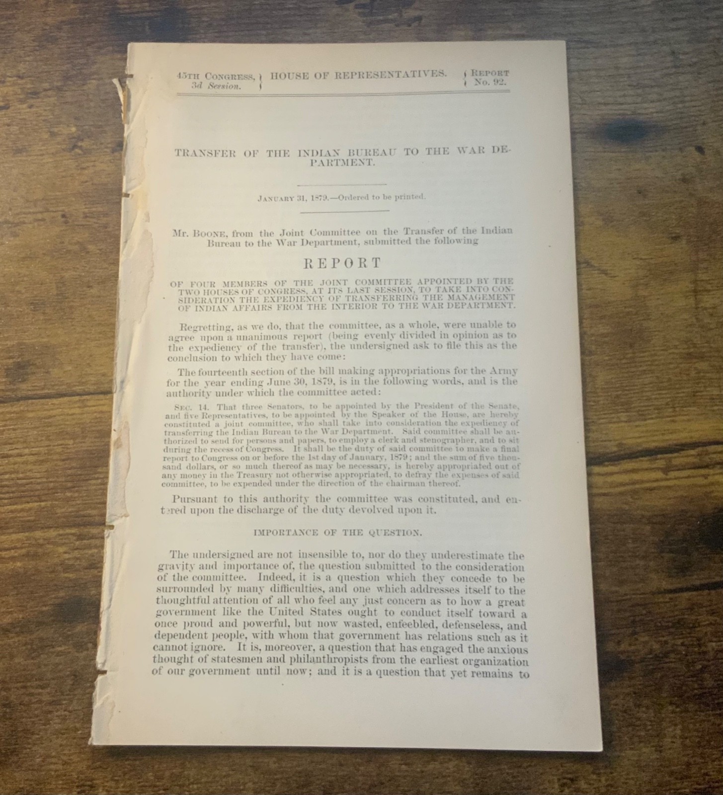 Antique 1879 Government Report Transfer of Indian Bureau to War Department