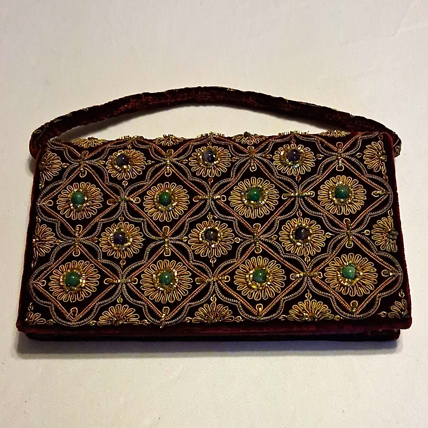 Vintage Burgundy Velvet Zardozi Clutch Made In India Cabochon Gemstone Accents