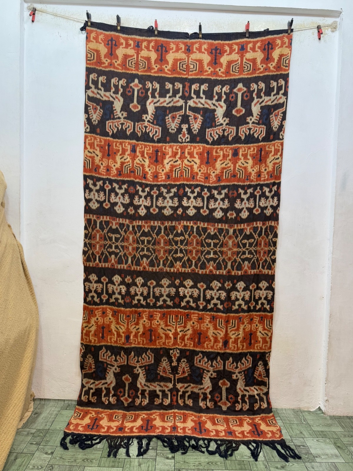 Antique Amazing Indonesian Ikat Technique Textile Cloth Wall Hanging 243x116 Cm