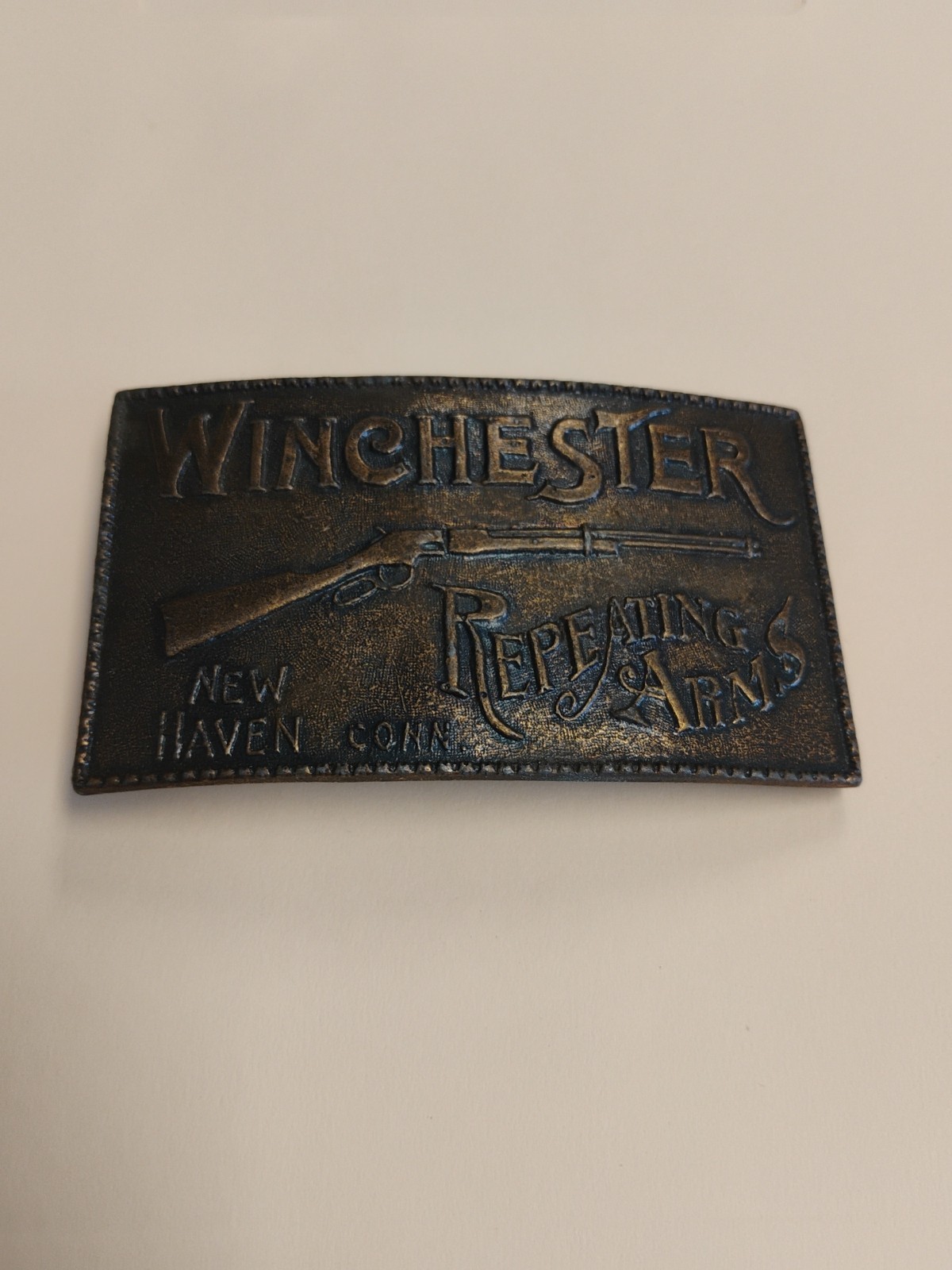 Brass Winchester Rifle Repeating Arms Belt Buckle New Haven, Conn Vintage