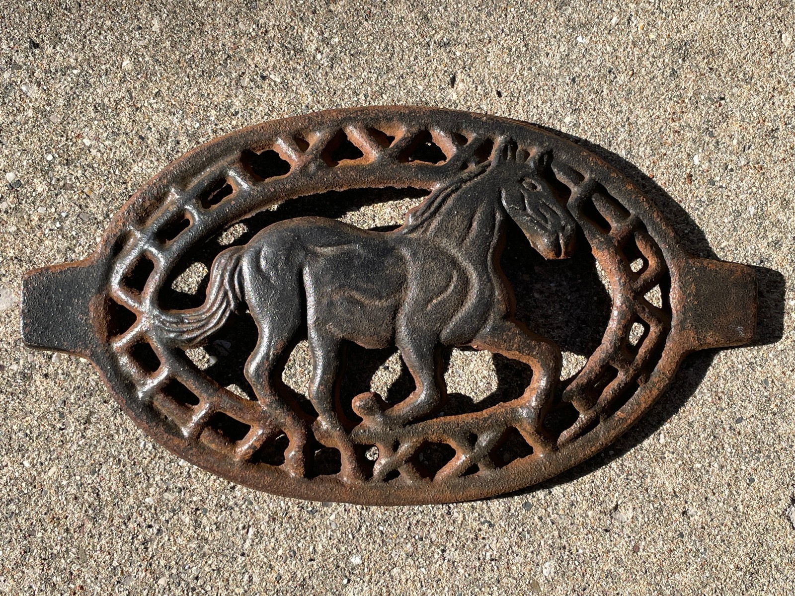 Antique Black Cast Iron Horse Trivet Early Primitive Folk Art Metal Rusty Patina