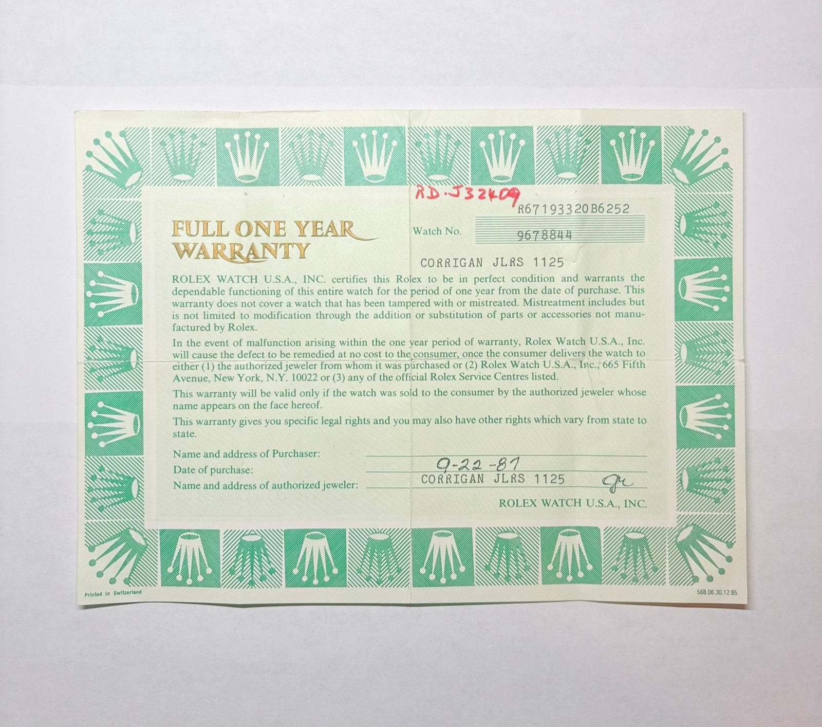 Rolex 67193 Oyster Perpetual Warranty Certificate Guarantee 1980s 9 Serial Cert
