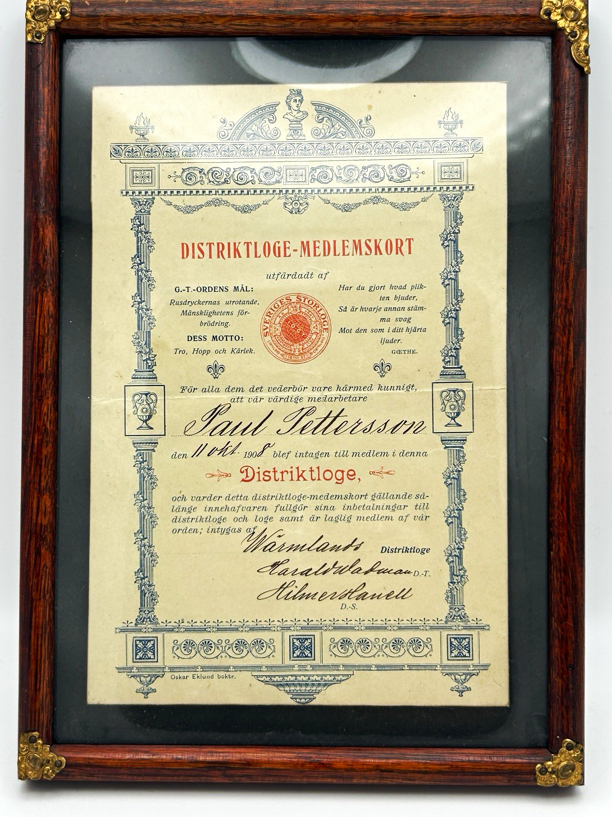 1908 Swedish IOGT Good Templars Membership Certificate Temperance Framed Antique