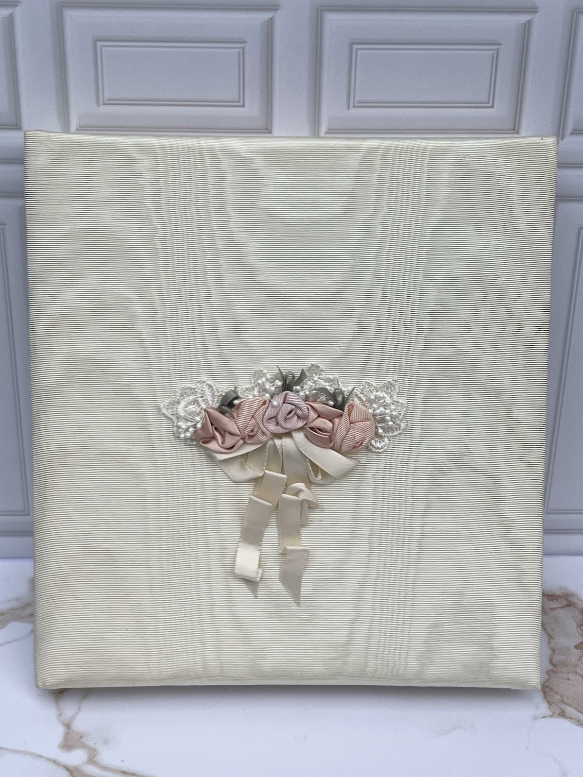 1990s Vintage Hallmark Photo Album Cream Moiré Silk & Satin Ribbon Rose