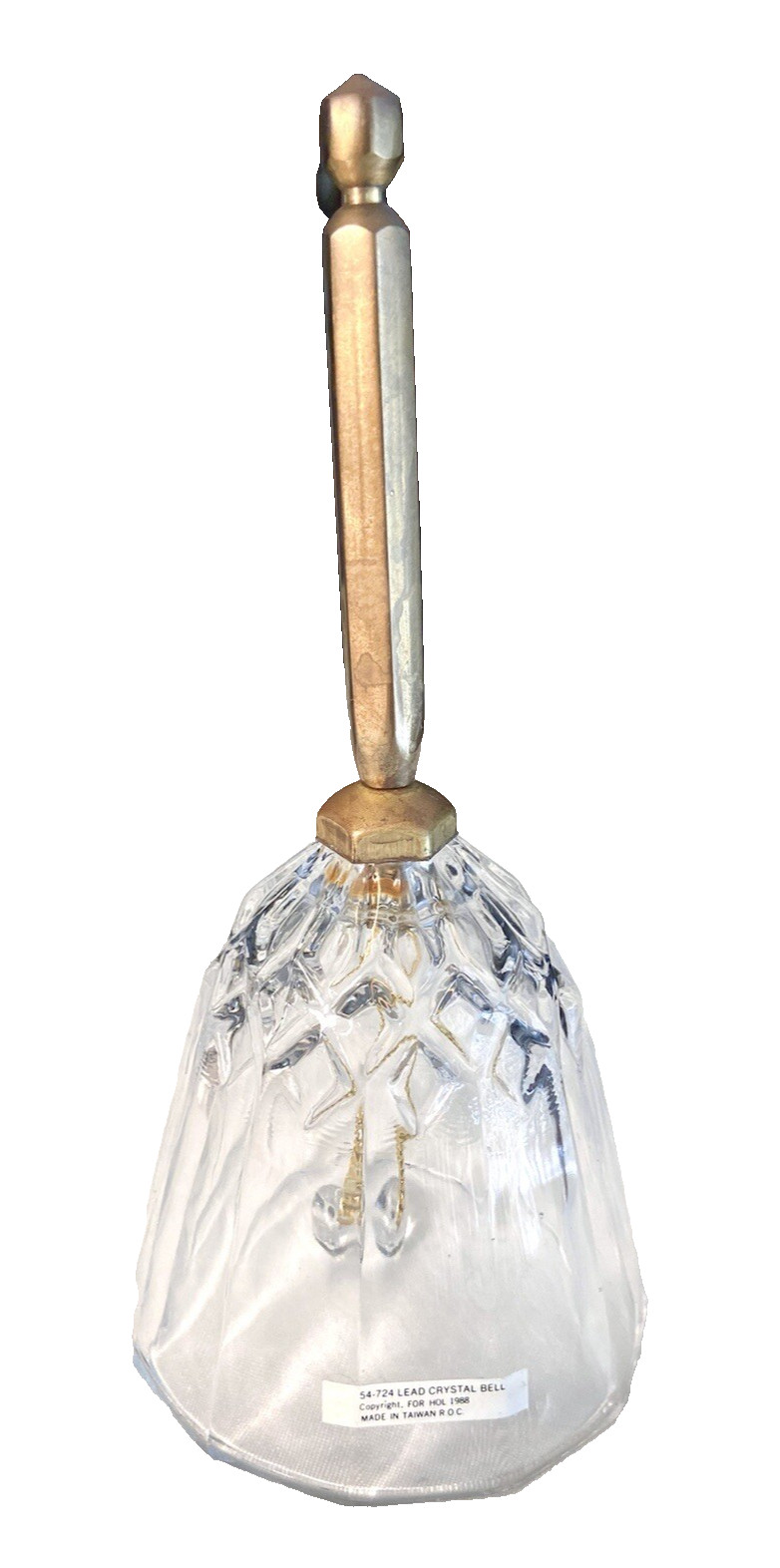 Vintage 1988 Lead Crystal Bell w Brass Handle Holiday Diamond Cut Glass 7