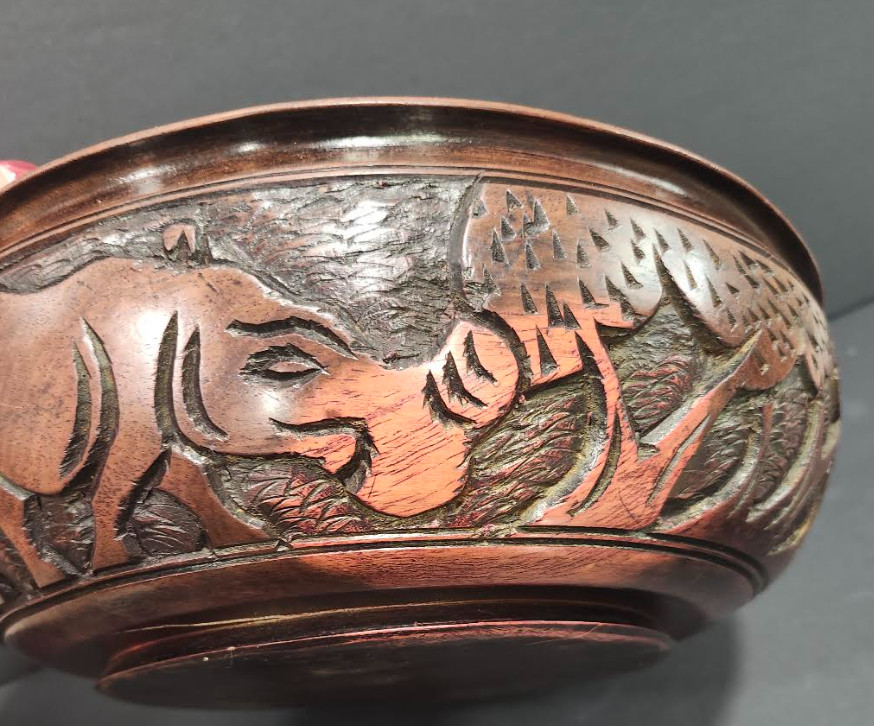 East African Safari Hand Carved Ironwood Bowl Elephant, Rhino Vintage 12”