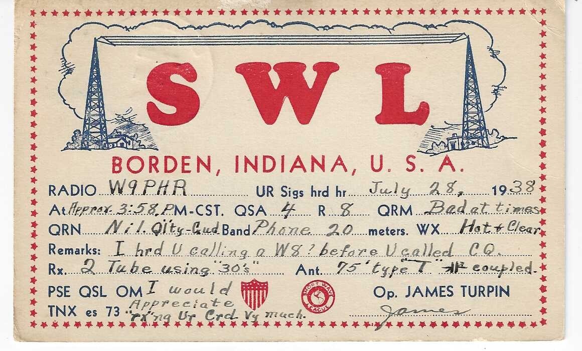QSL  1938 Borden Indiana SWL    radio card