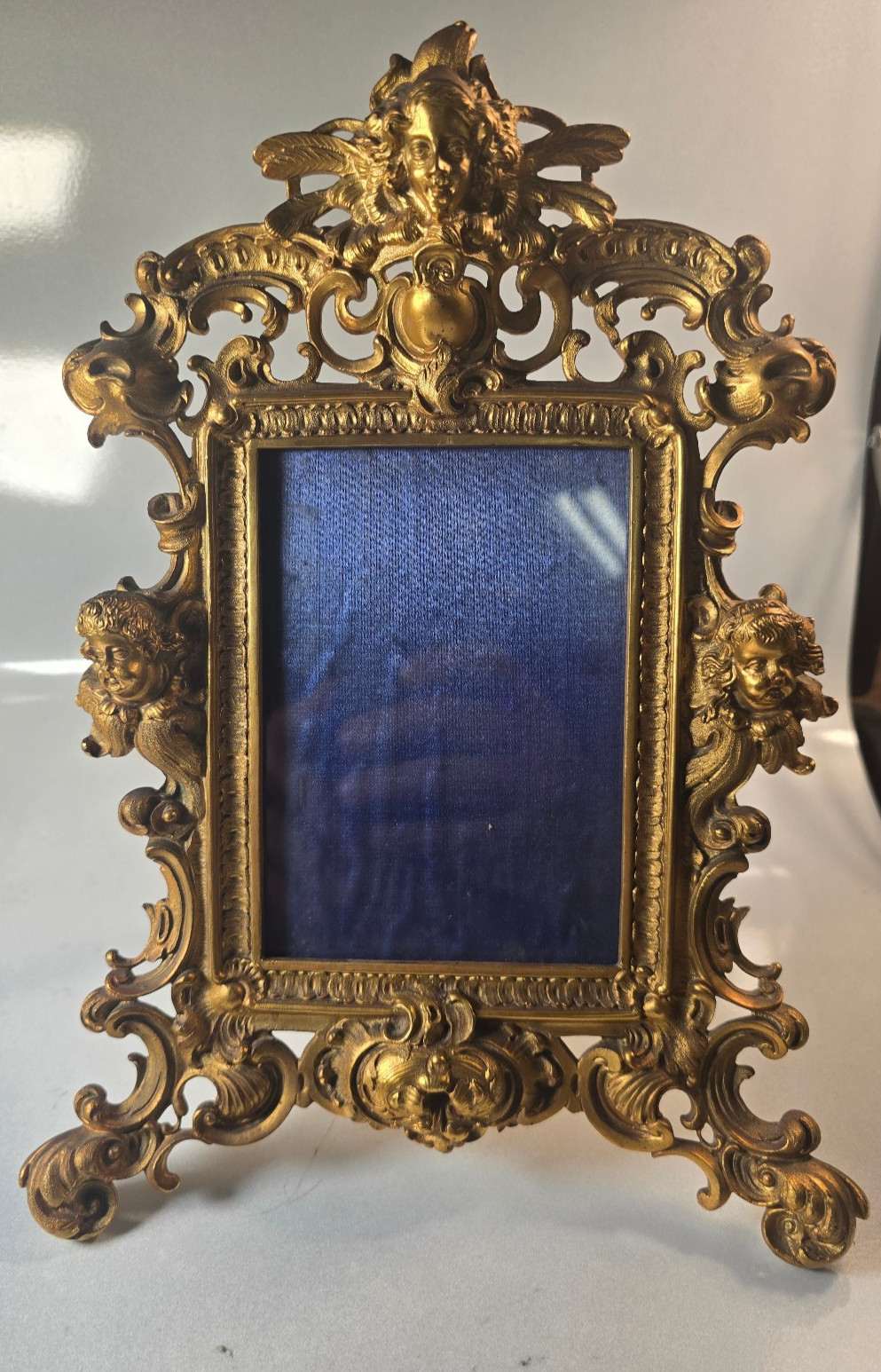 French Rococo Style Gilt Cast Metal Cherub Angel Easel Back Picture Frame