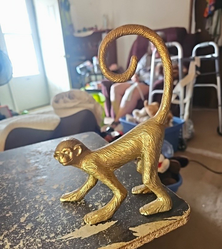 Gold-Tone Metal Monkey Figurine Collectible Sculpture with Curled Tail