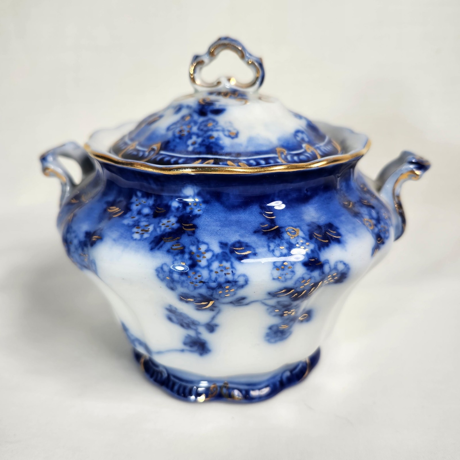 Antique Ridgeway Sugar Bowl Lugano Flow Blue Pattern England Gold Accents RARE