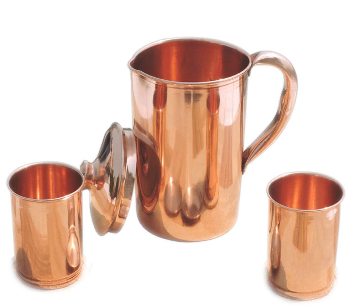Pure Copper Handmade Jug Water Pitcher 1.5 L & 2 Glasses 300 ml Storage Combo