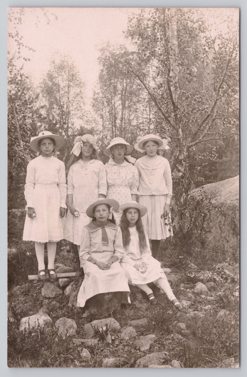 Vintage RPPC Postcard Six Girls Hats Dresses Outdoor Woods Scene c1910s