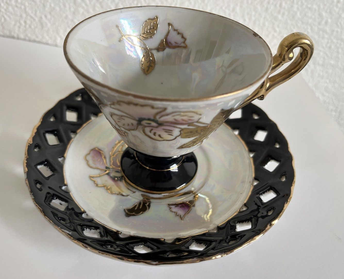 Teacup and Saucer Set Pearlized with Gold Trim and Cut Out Edges Made in Japan Teacup and Saucer Set Pearlized with Gold Trim and Cut Out Edges Made in Japan