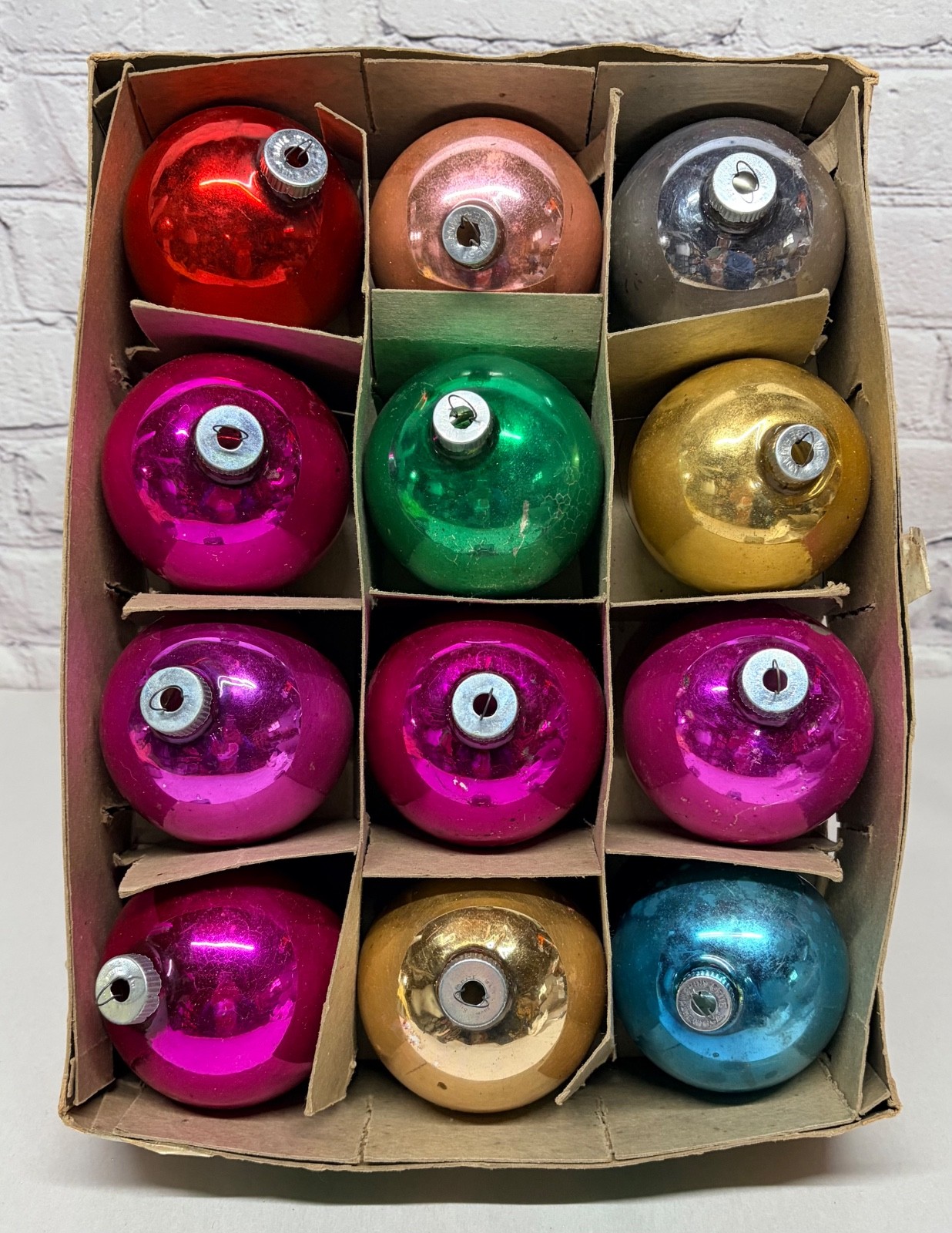 Vtg Shiny Brite XL Jumbo Glass Ornaments Box Of 12 Solid Color 3.5” Pink Purple