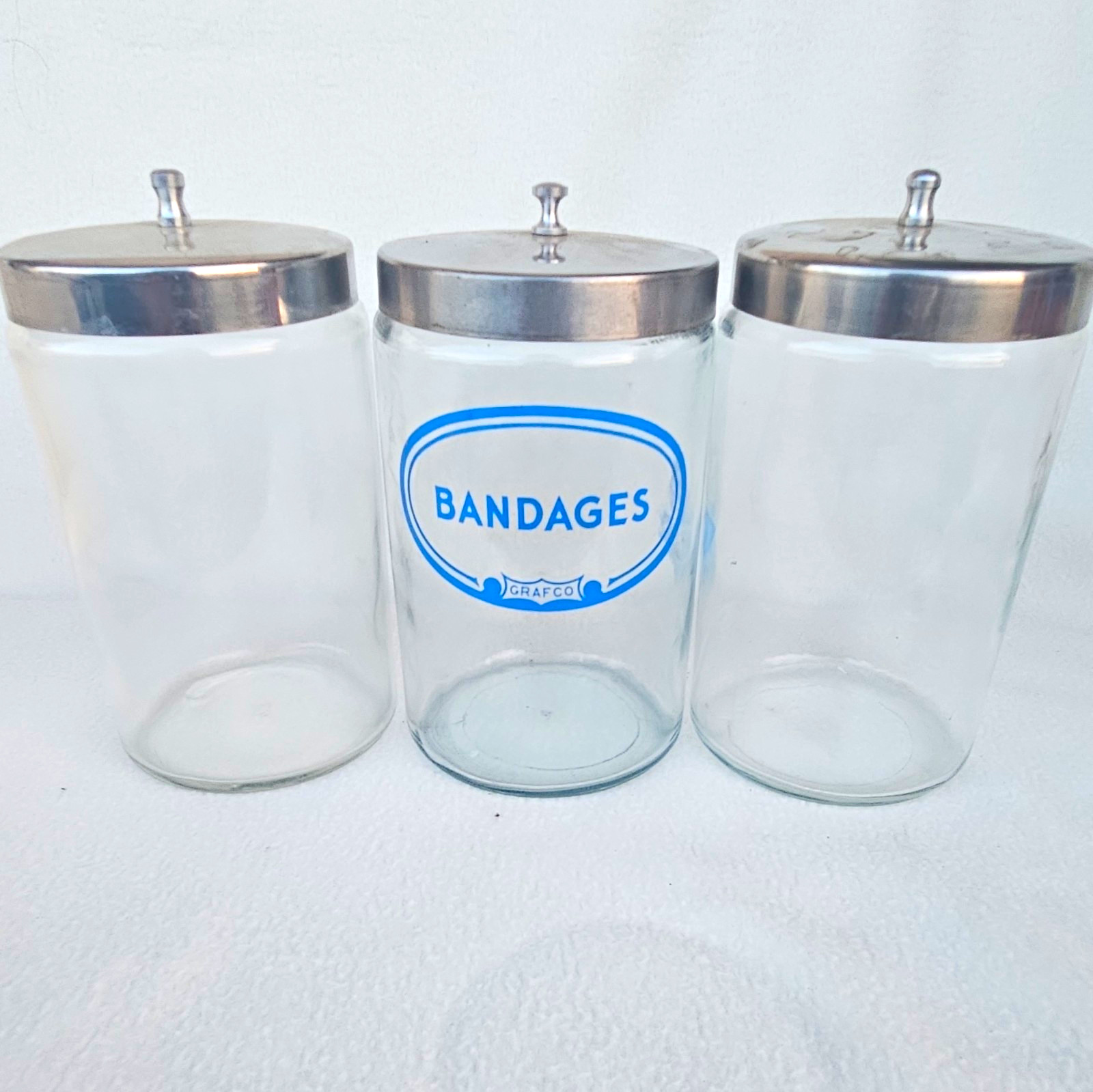 GRAFCO Bandages Vintage Glass Apothecary Medical Jars w/ Metal Lids Lot of 3