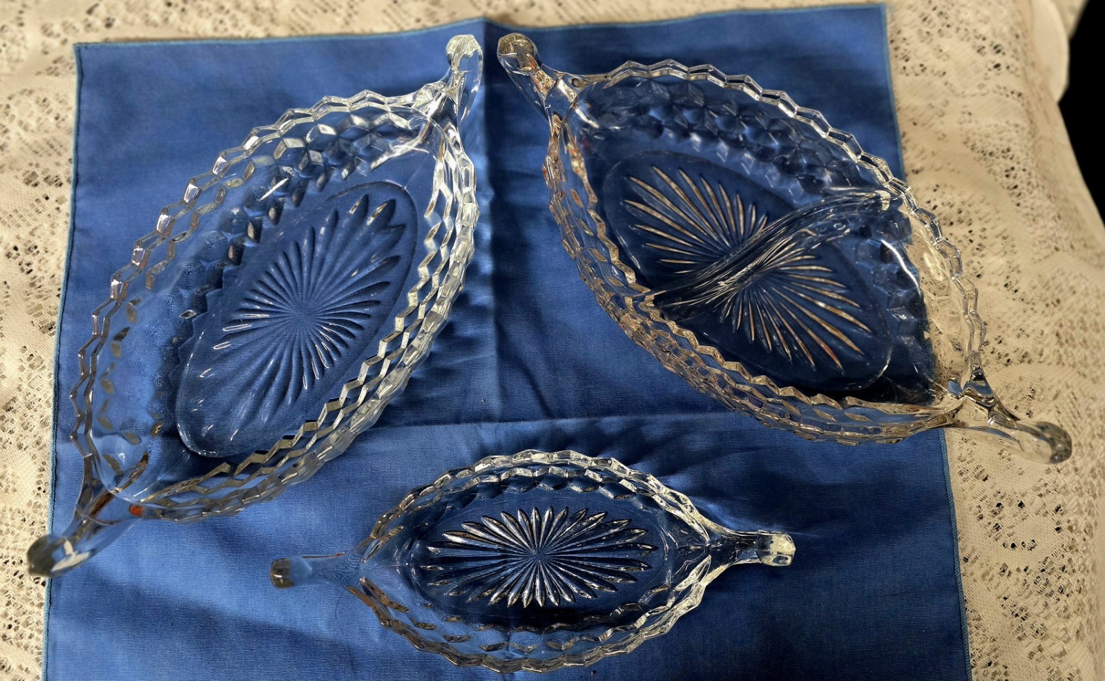 3- Fostoria American Pattern Clear Oval Relish Dishes With Handles 12” & 9 3- Fostoria American Pattern Clear Oval Relish Dishes With Handles 12” & 9