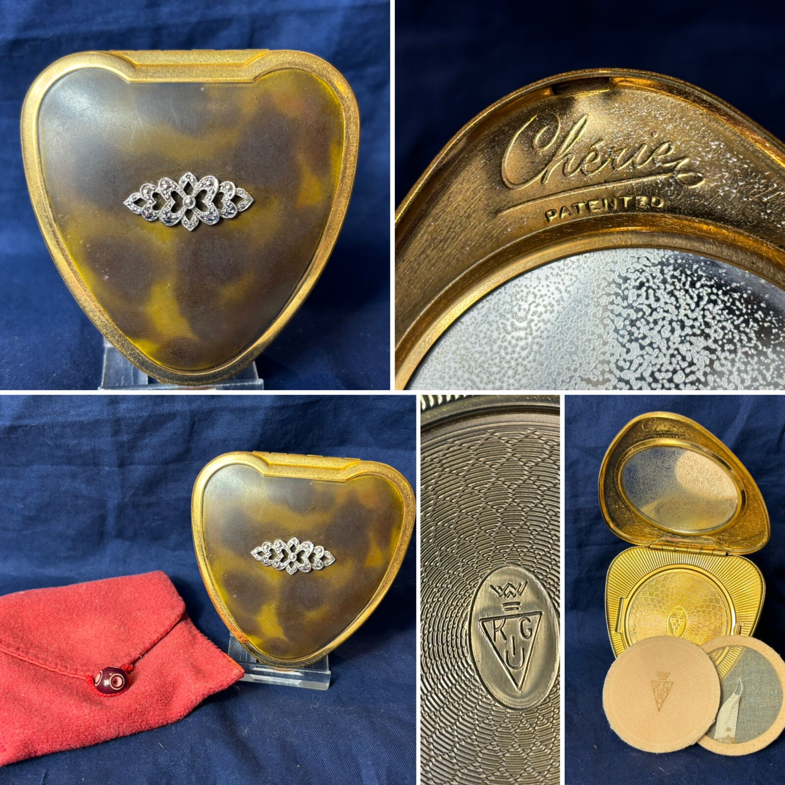 Vtg KIGU Cherie Compact Heart Shape Mirror Powder Box With Screen Puff & Pouch