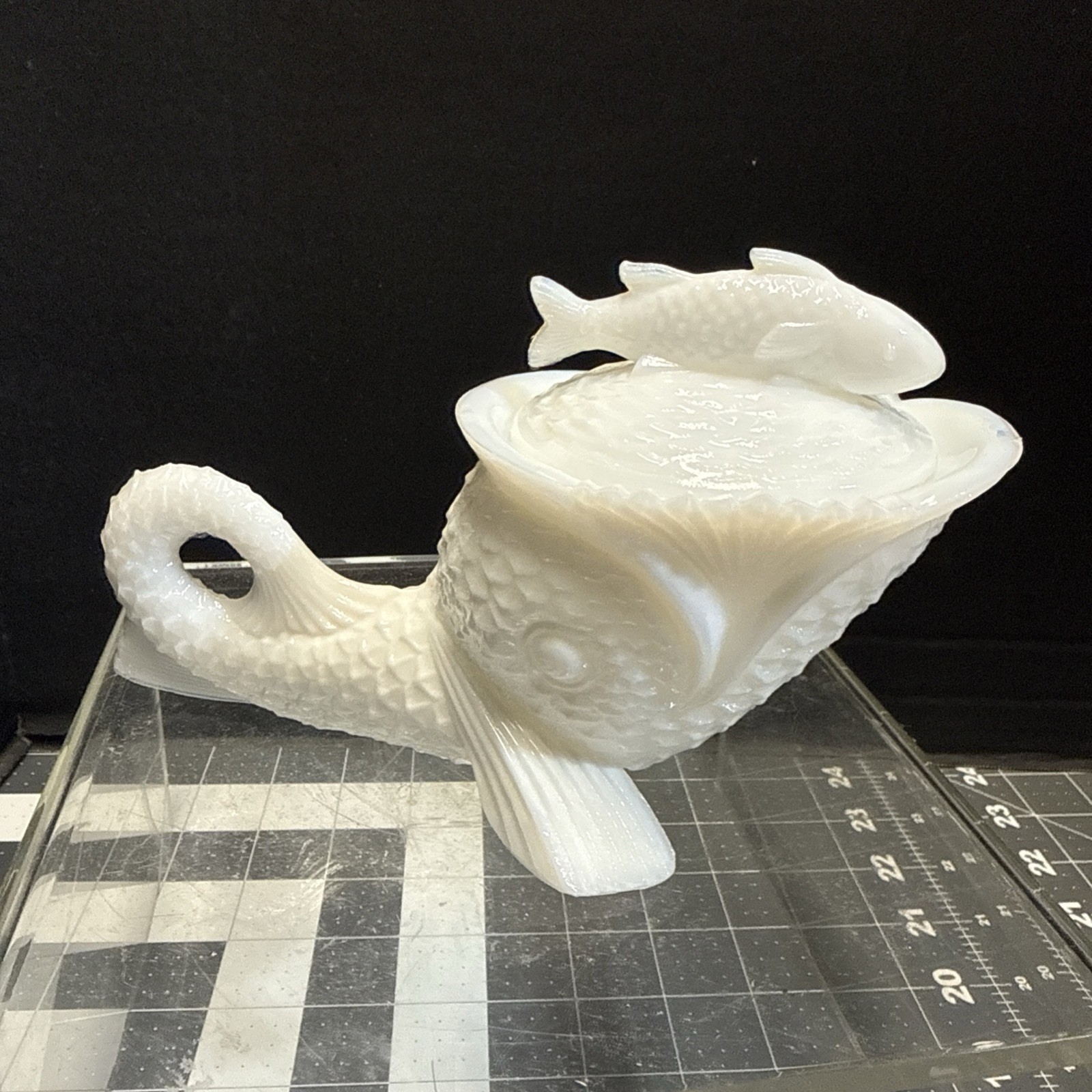 Vintage Kemple White Milk Glass Dolphin Koi Fish Lidded Candy Dish Covered Dish
