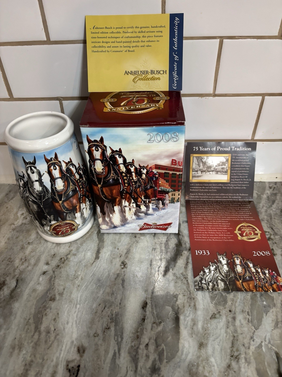 Budweiser Holiday Stein Clydesdales 75th Anniversary 2008 New in Box w/COA