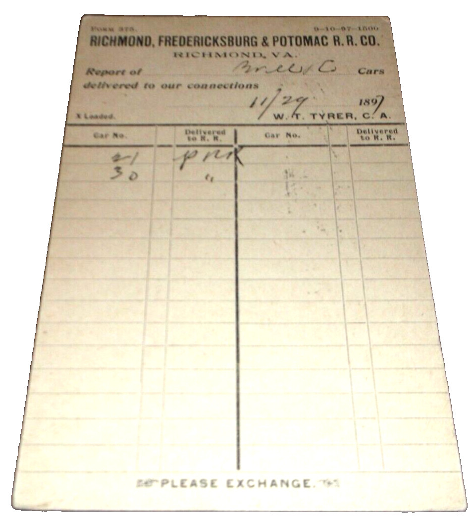 NOVEMBER 1897 RF&P RICHMOND FREDERICKSBURG & POTOMAC FREIGHT CARS INTERCHANGED