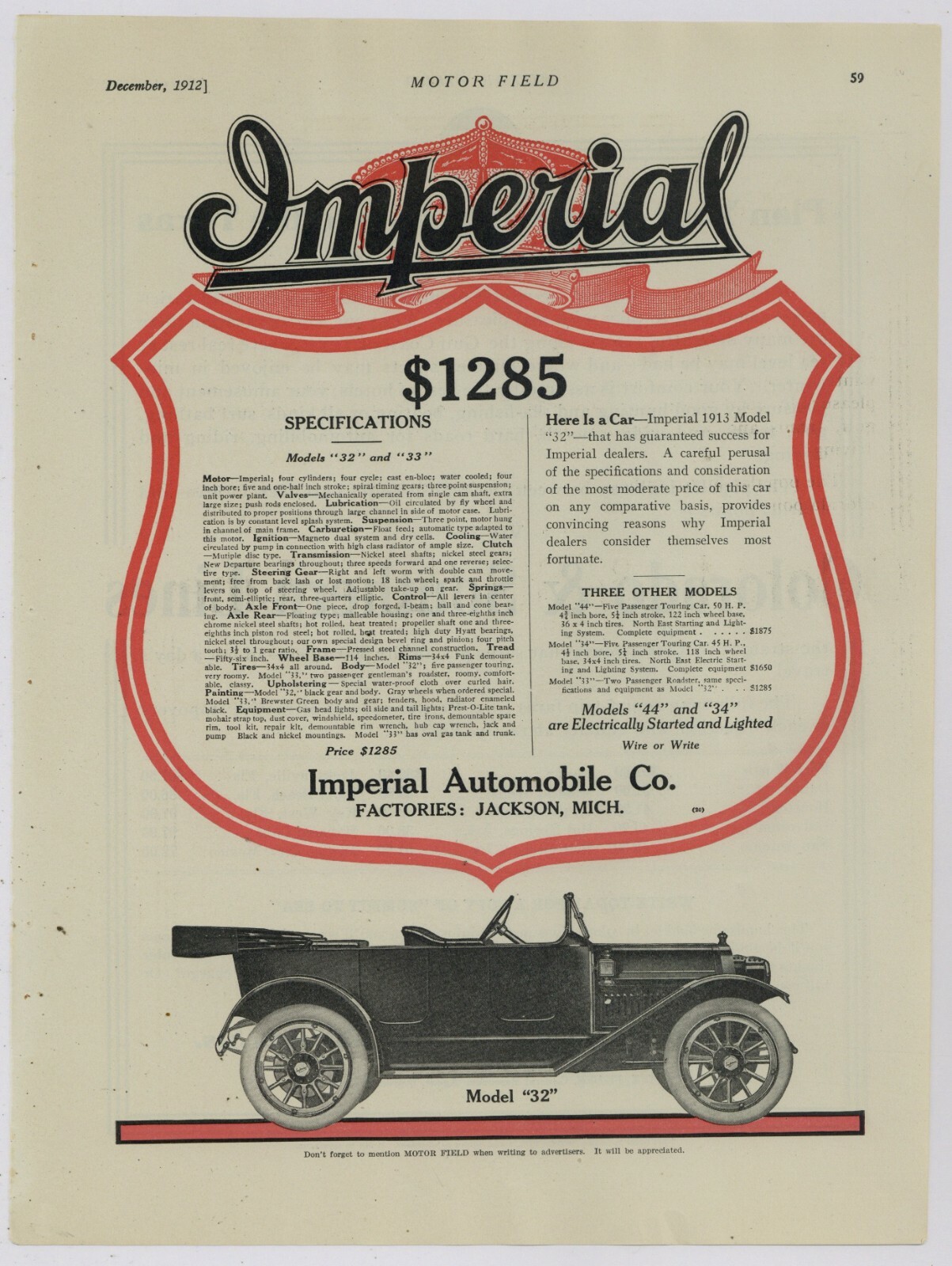 1912/13 Imperial Automobile Co. Ad: Model 32 Pictured - Jackson, Michigan
