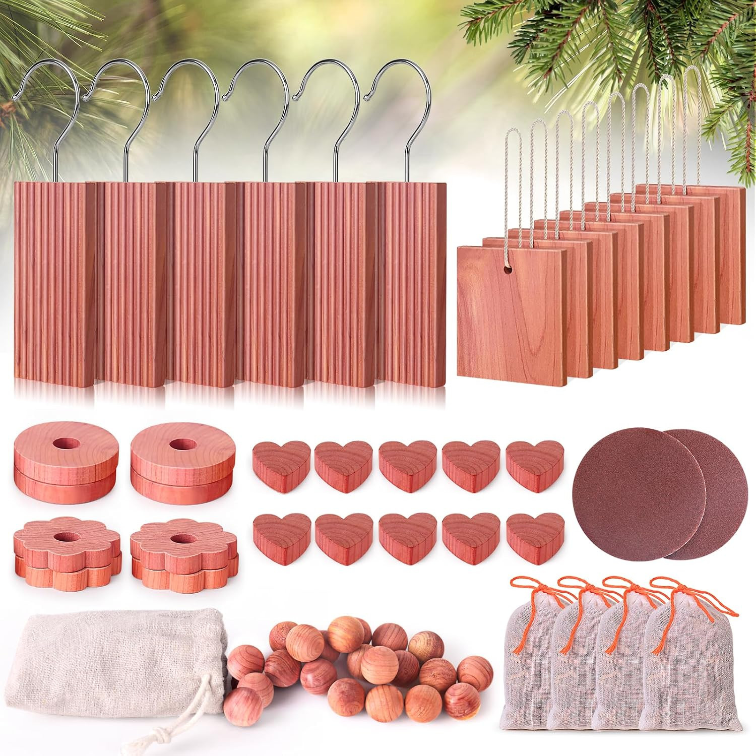 Cedar Blocks for Clothes Storage 56 Pcs, 100% Aromatic Planks with Metal Hooks,