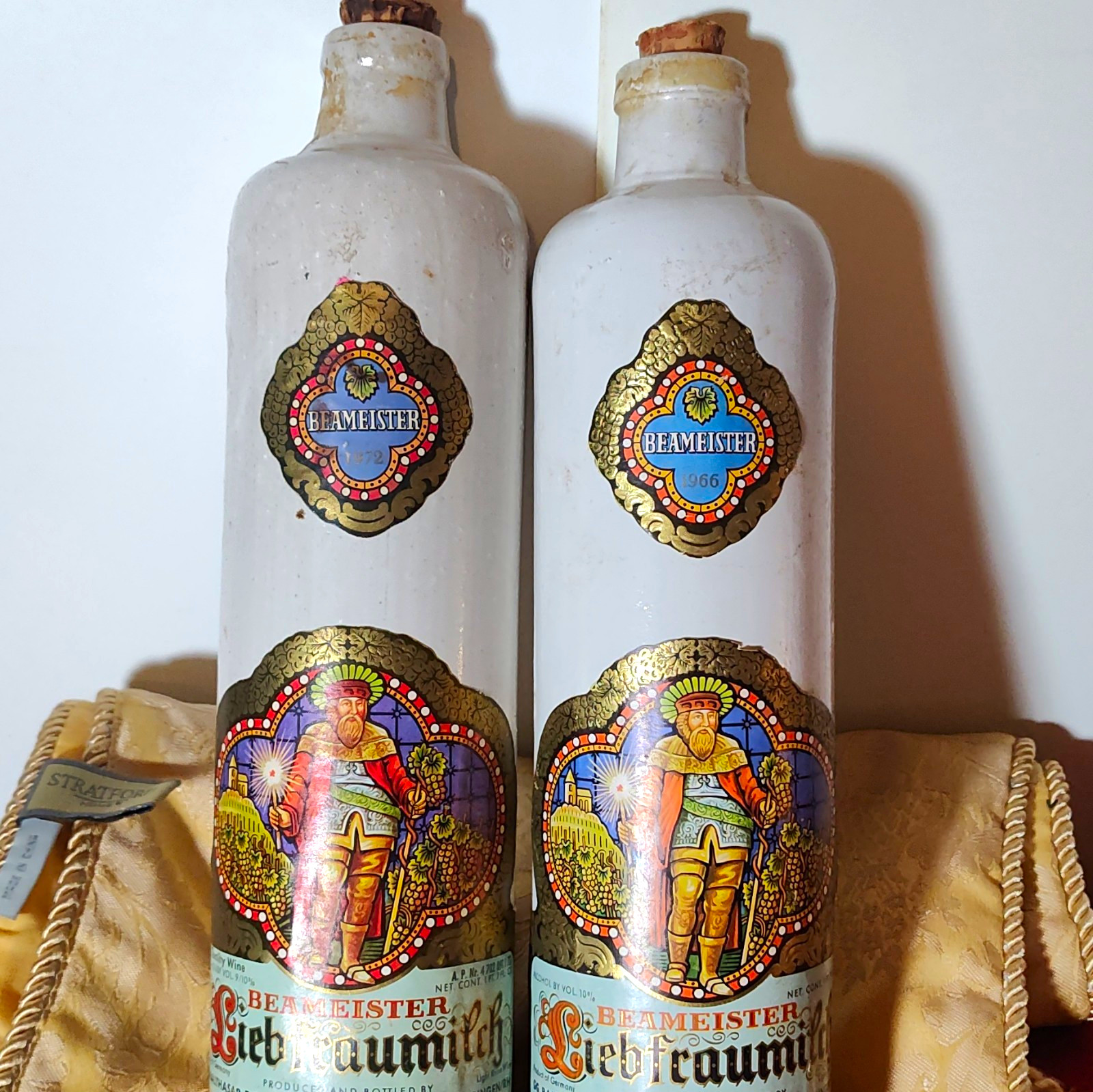 VintageBeameister White CeramicStoneware Wine Bottles w/ Cork Stoppers, Lot of 2