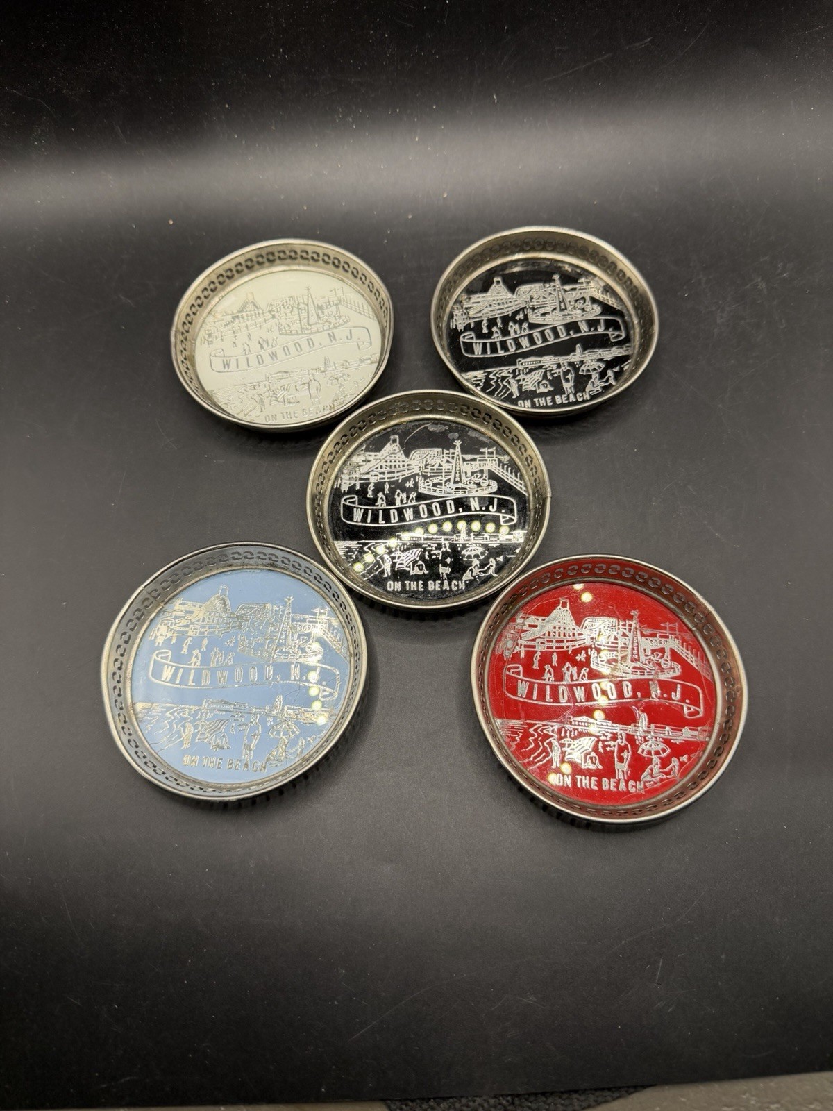 Lot of 5 Vintage Wildwood NJ Souvenir Metal Coasters Boardwalk Beach Scene 