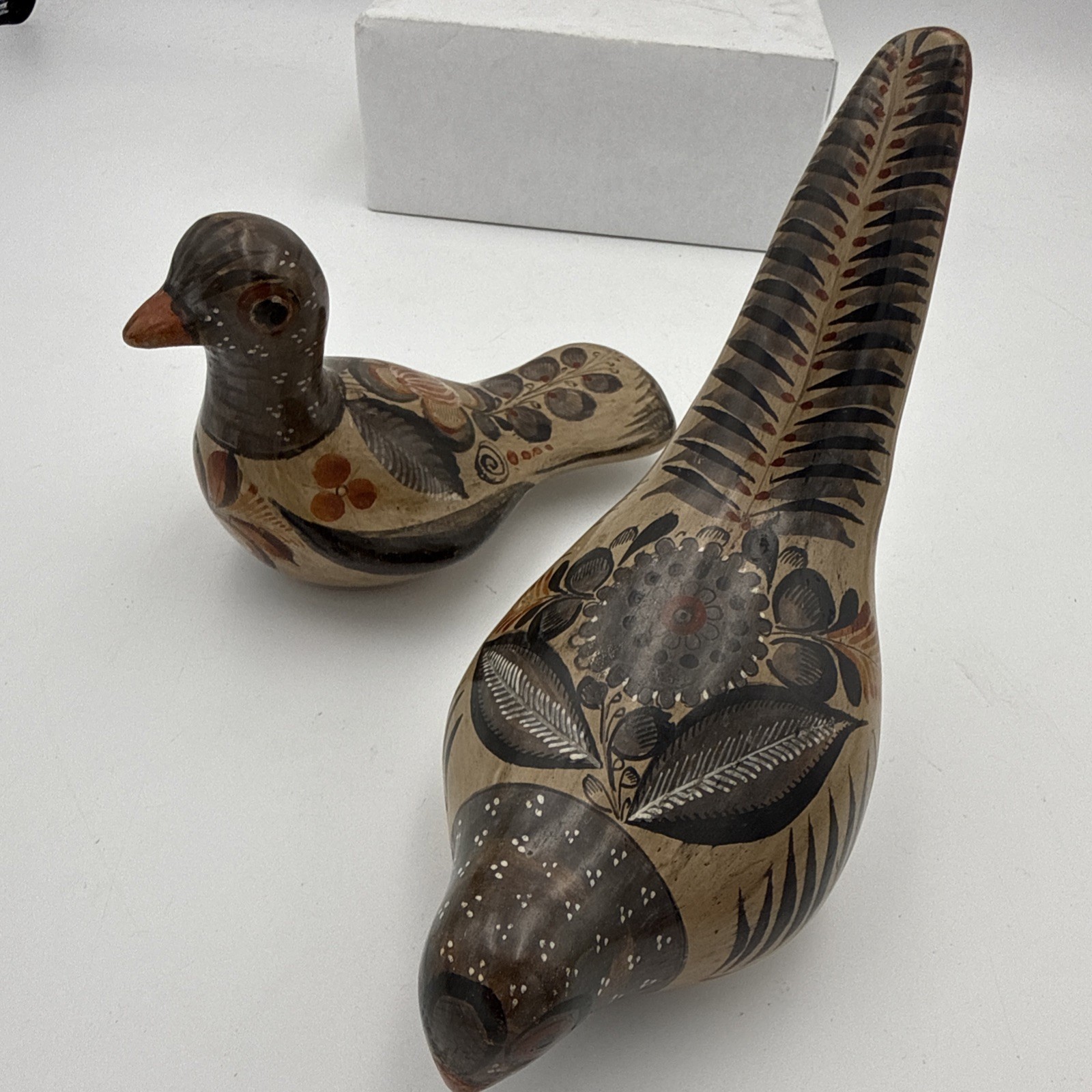 Vintage Tonala Mexican Pottery Bird Figurines Pair Hand Painted Folk Art Pair