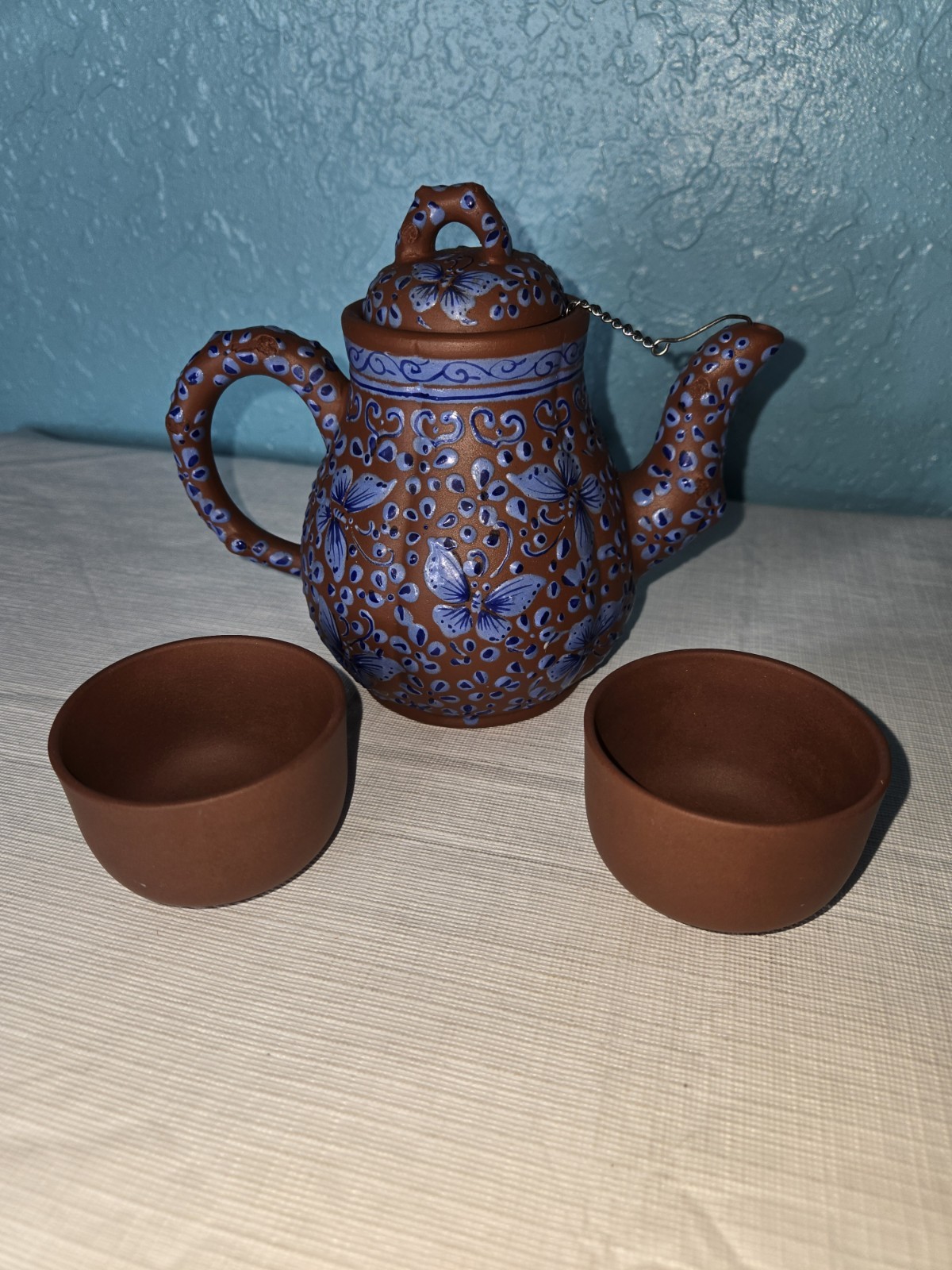 Vintage terra Cotta Clay Chinese Enamel Yixing Teapot marked & Butterflies READ