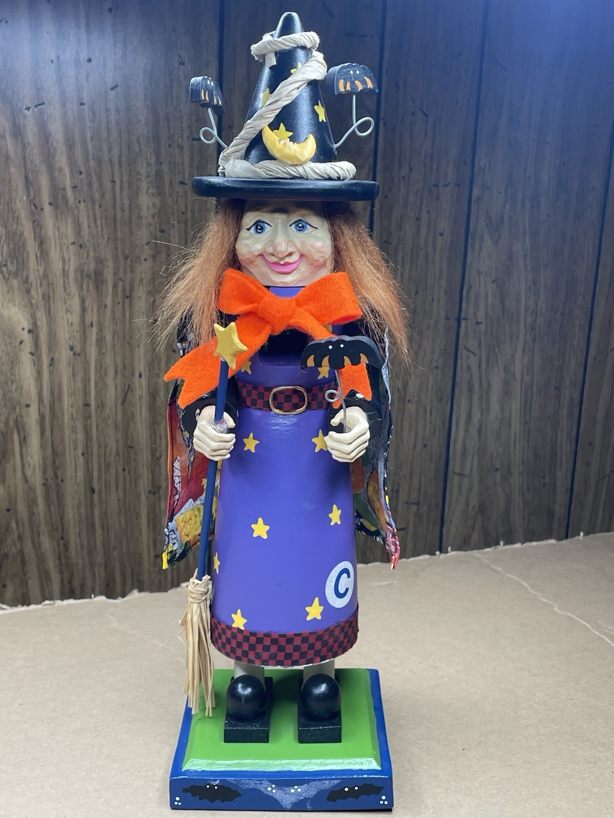 Standing Halloween Witch Figure Holding Broom & Bat-14\