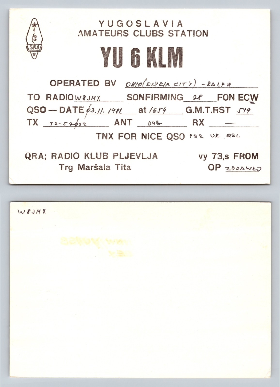 Ham Radio QSL QSO Postcard YU6KLM, Pljevlja, Montenegro, Yugoslavia