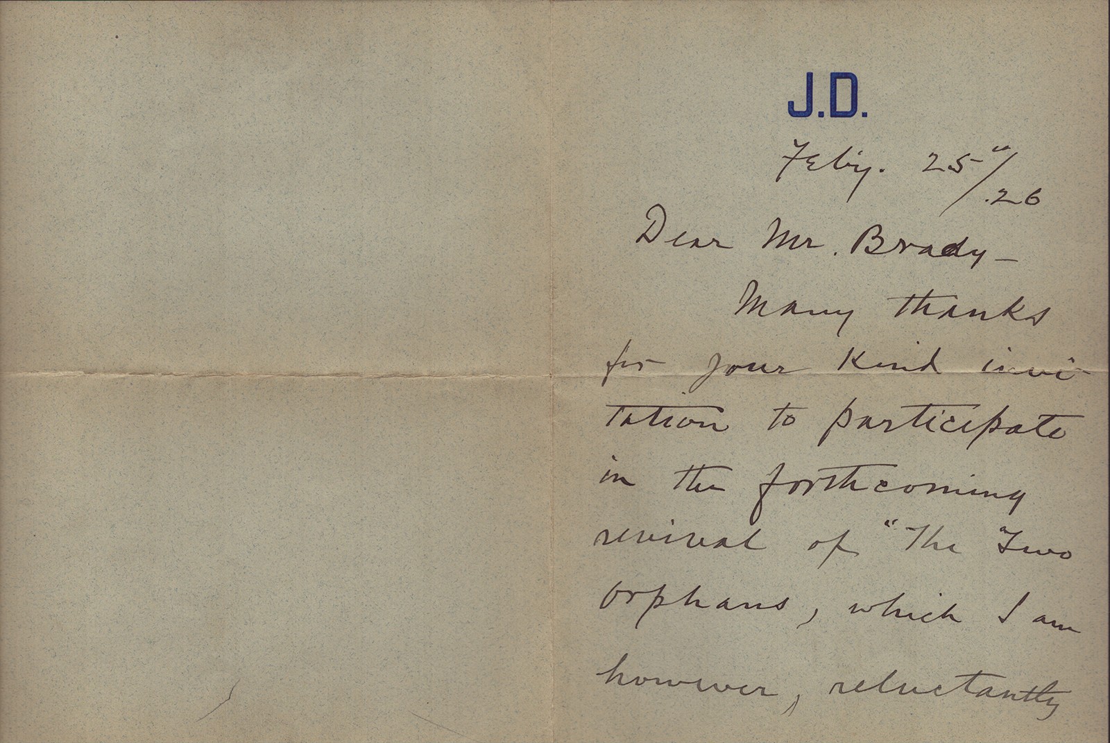JOHN DREW JR. - AUTOGRAPH LETTER SIGNED 02/25/1926