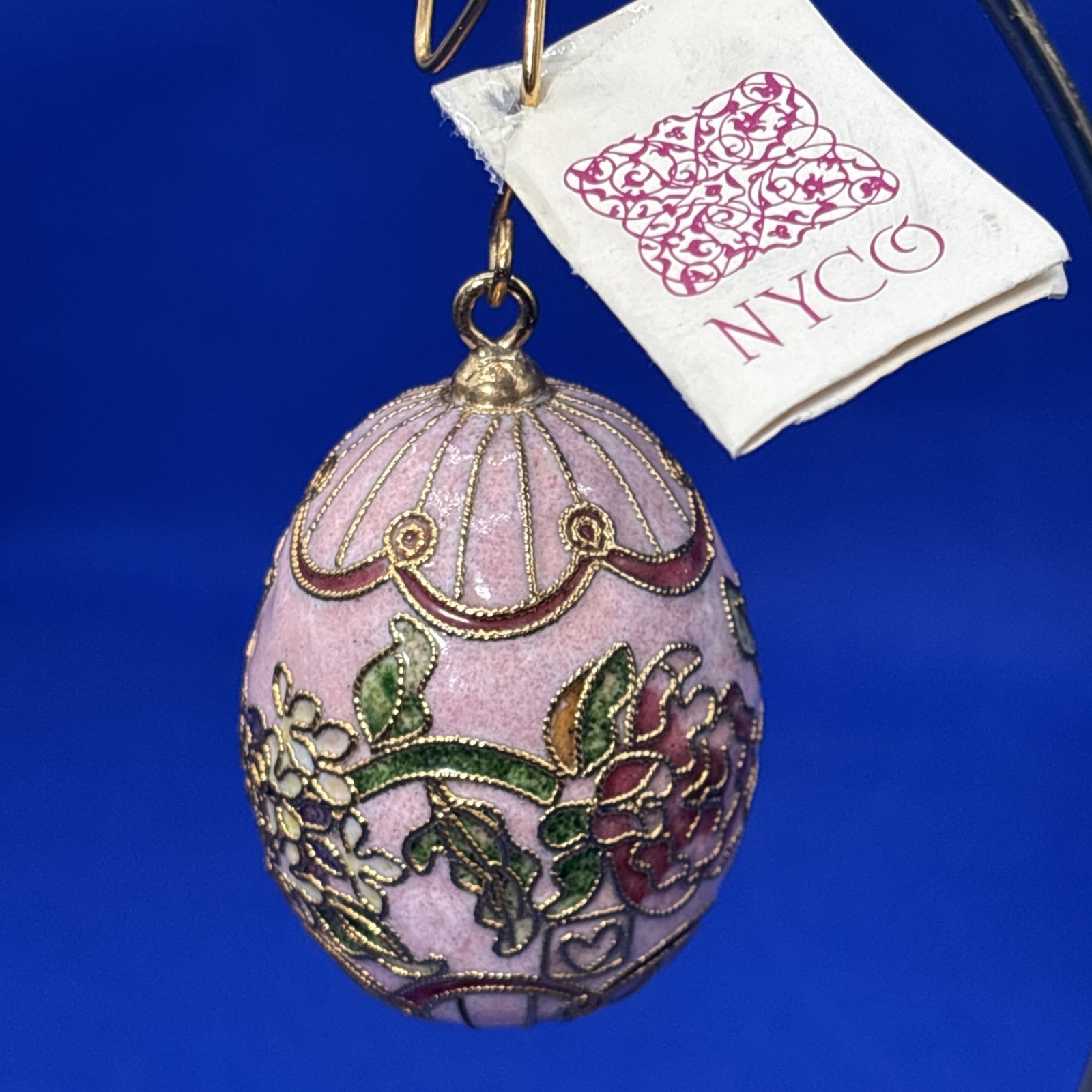 Vintage NYCO  Cloisonne Egg Orn.  Floral pink green gold 2.75 Limited Production