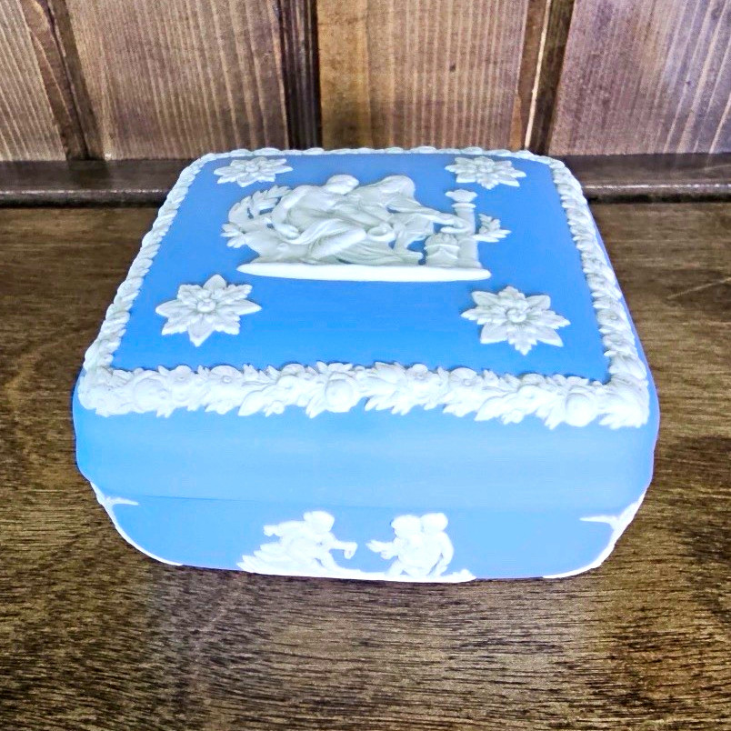 Wedgwood Jasperware Blue Square Trinket Box with Lid Marked 1957