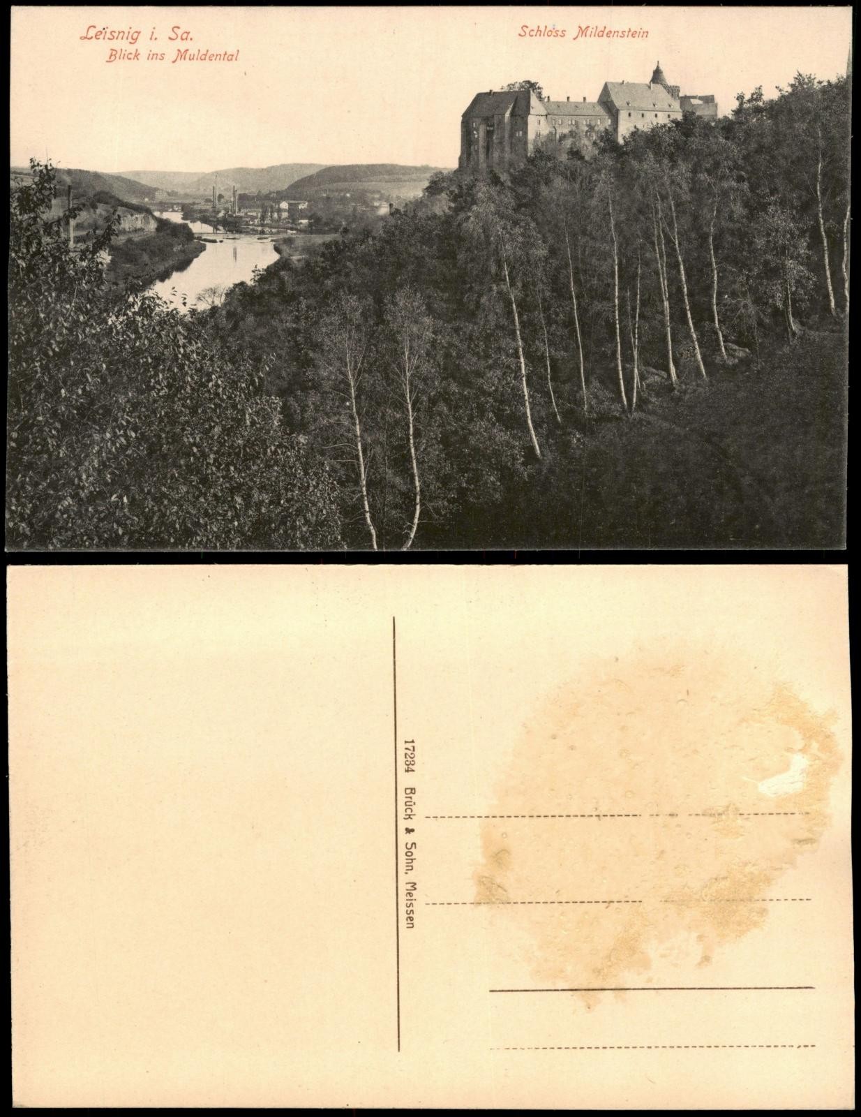 Postcard Leisnig view into the Muldental Castle Mildenstein 1913