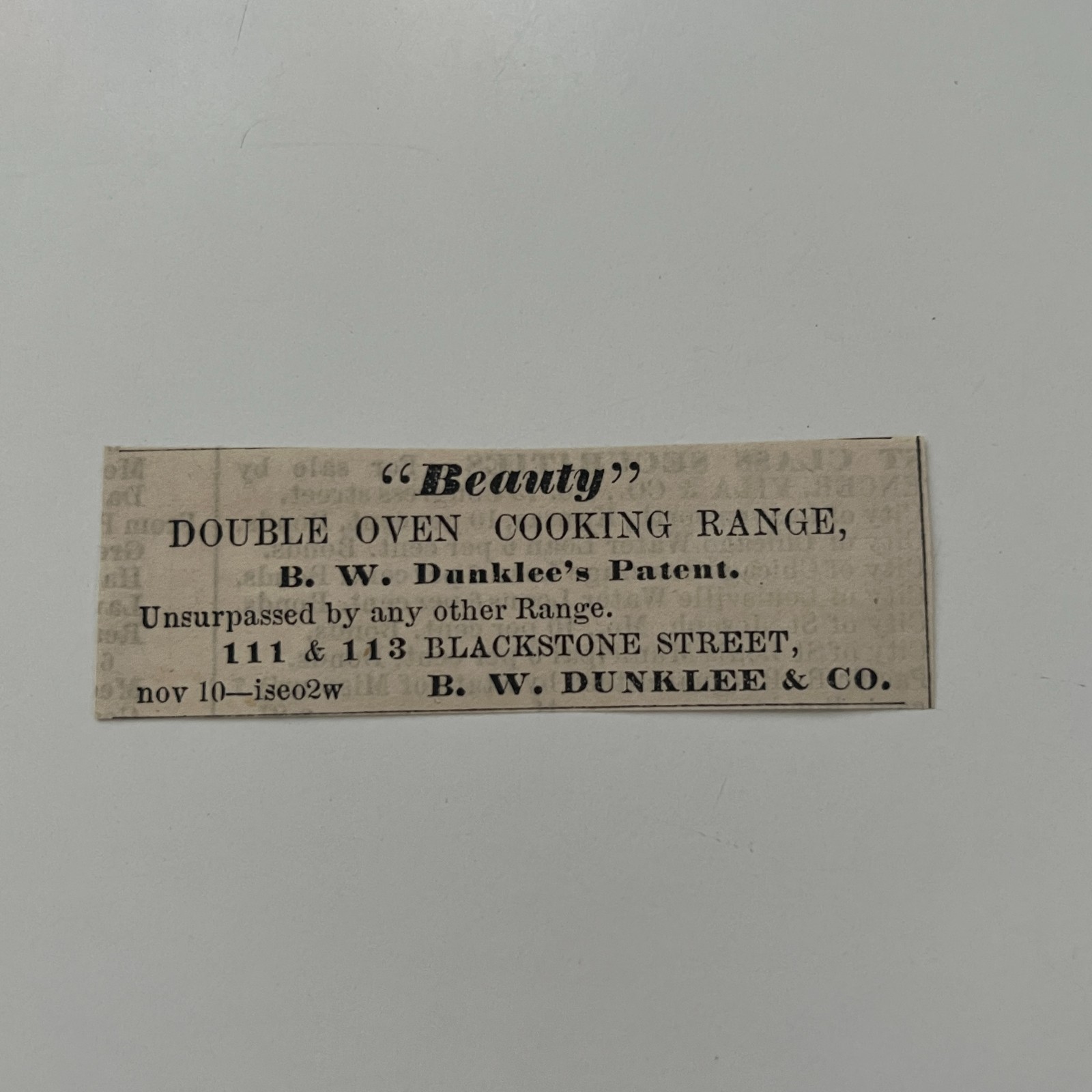 B. W. Dunklee & Co. Beauty Double Oven 1860 Boston Clipping TAJ7-S69