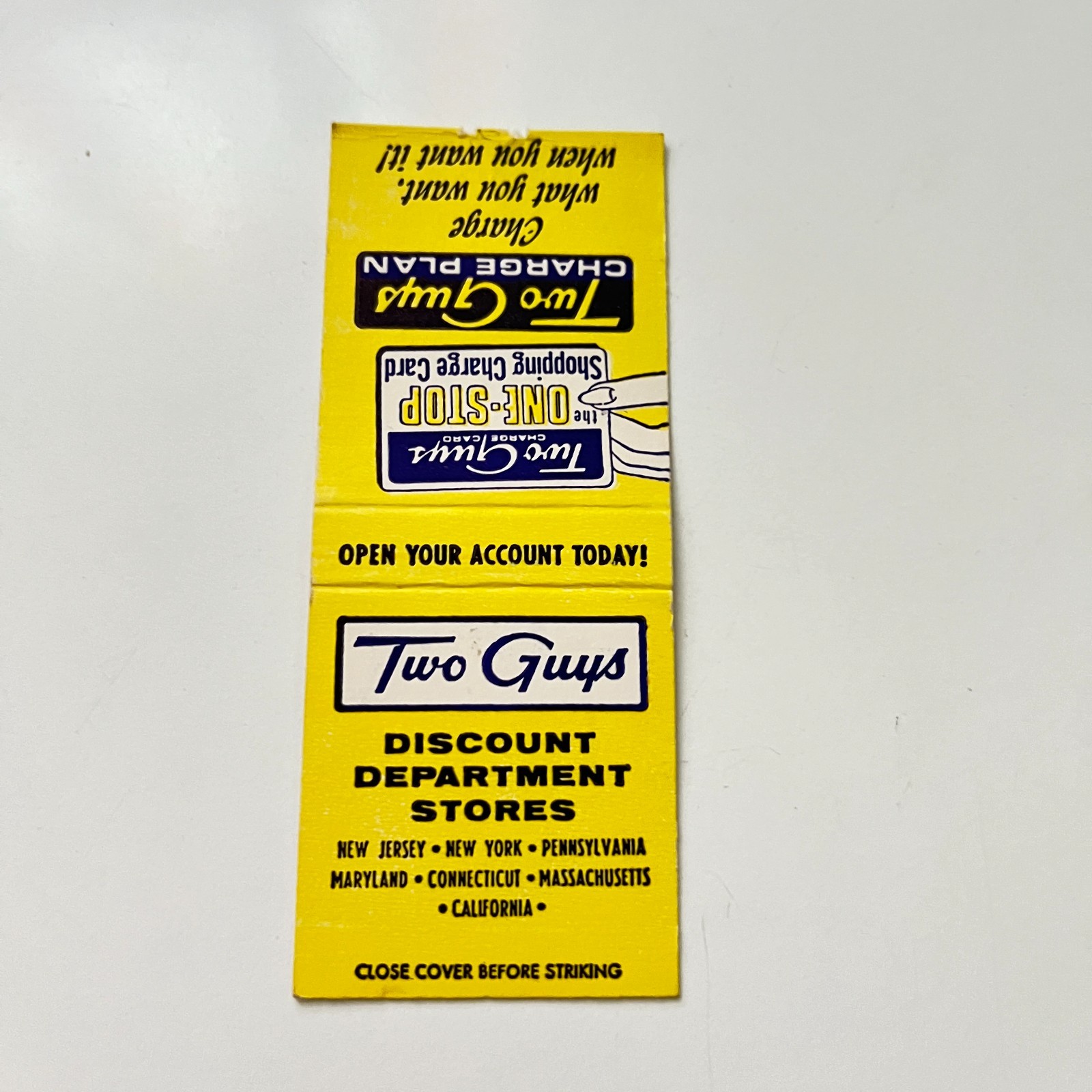 Two Guys Discount Department Stores Hackensack Vintage Matchbook Cover 4MB104-6