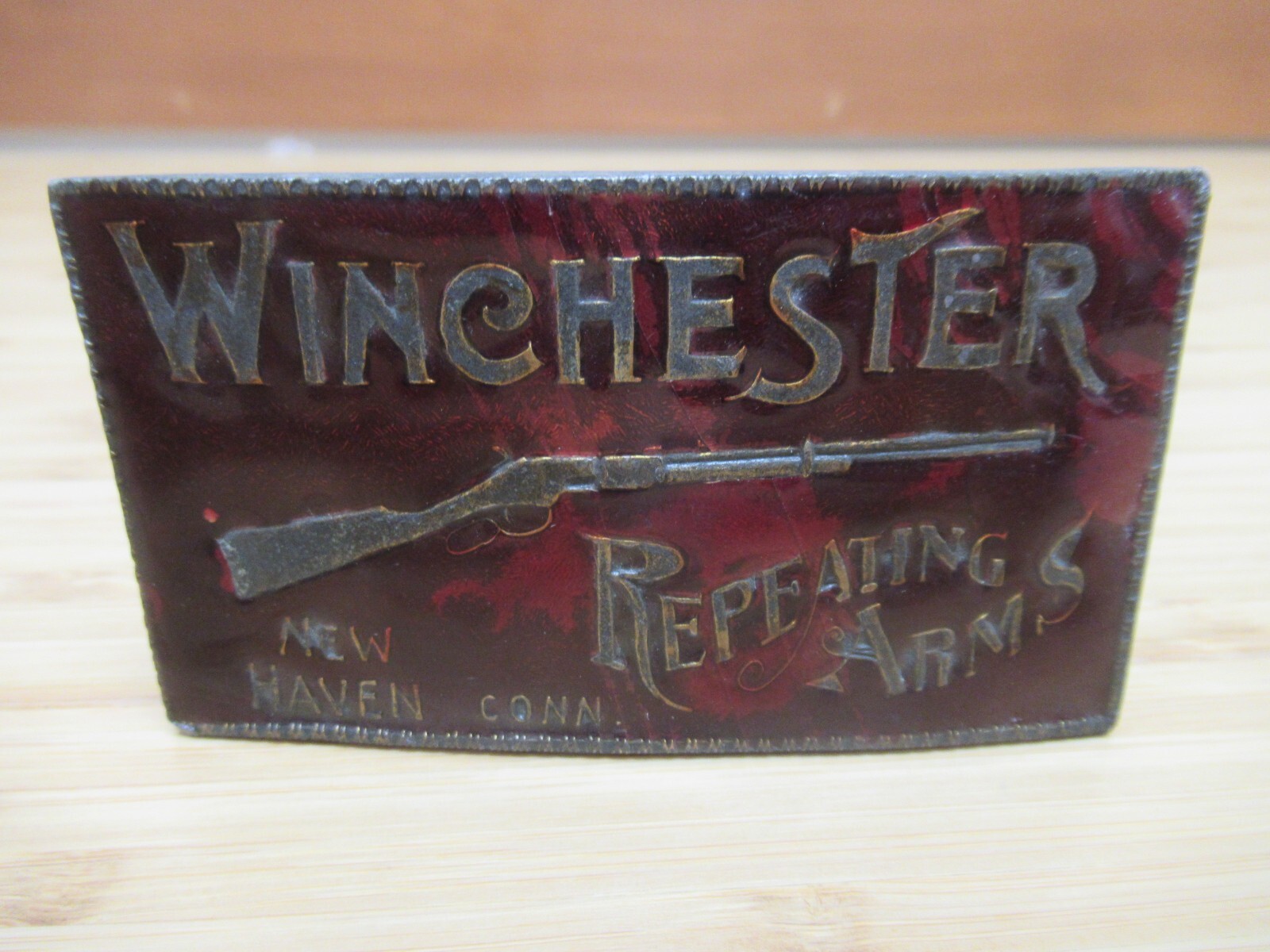 Vintage WINCHESTER REPEATING ARMS Belt Buckle (Red Enamel Finish)