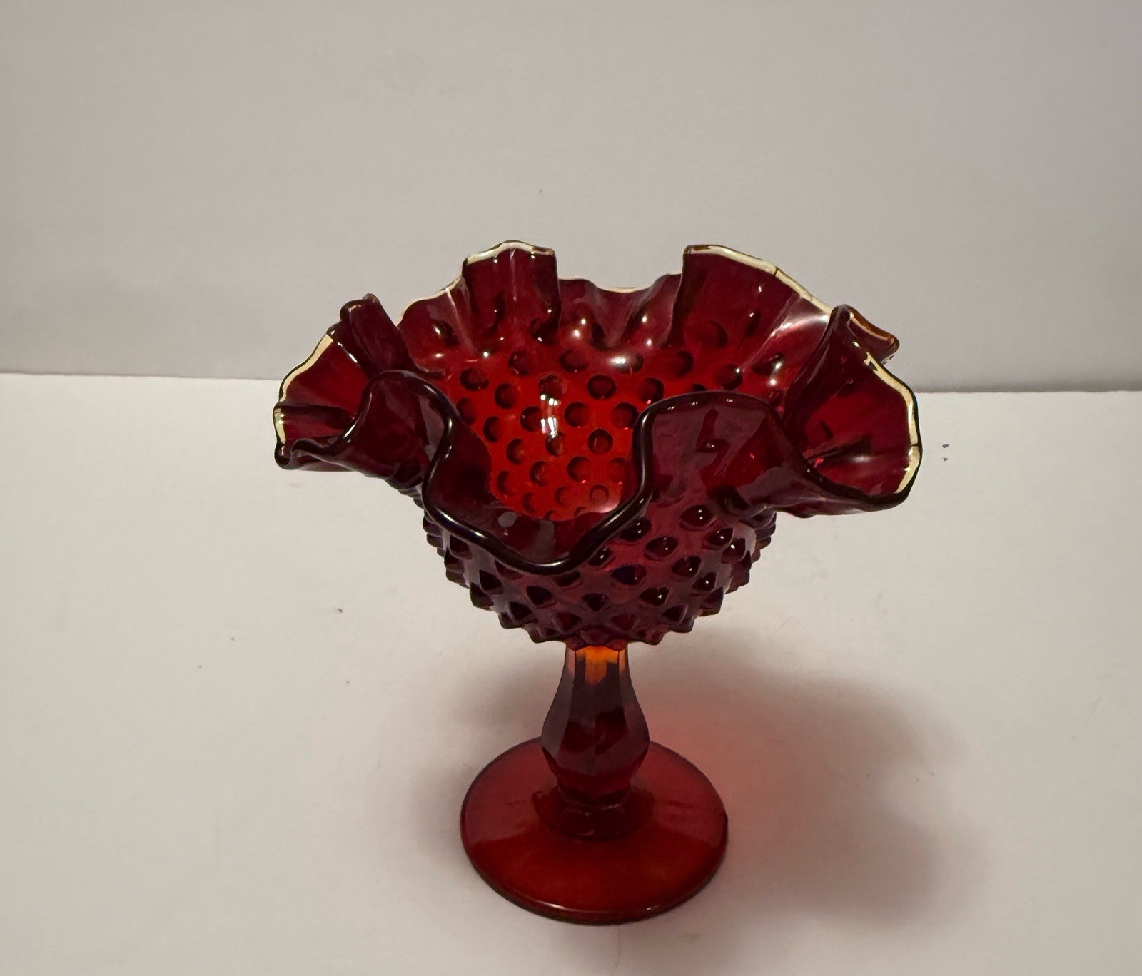 Vintage Fenton Ruffled Red Glass Hobnail Goblet 6.5\