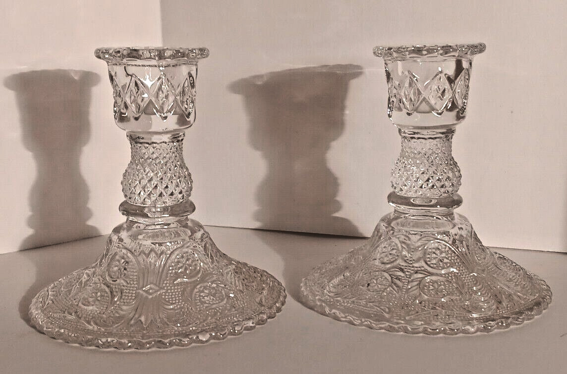 Vintage Duncan Miller Sandwich Glass Candlestick Holders Clear Pressed Pair