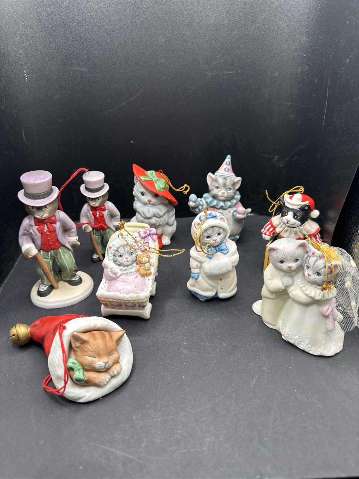 Schmid Kitty Cucumber Christmas Ornament Cat Figurine Lot Of 9