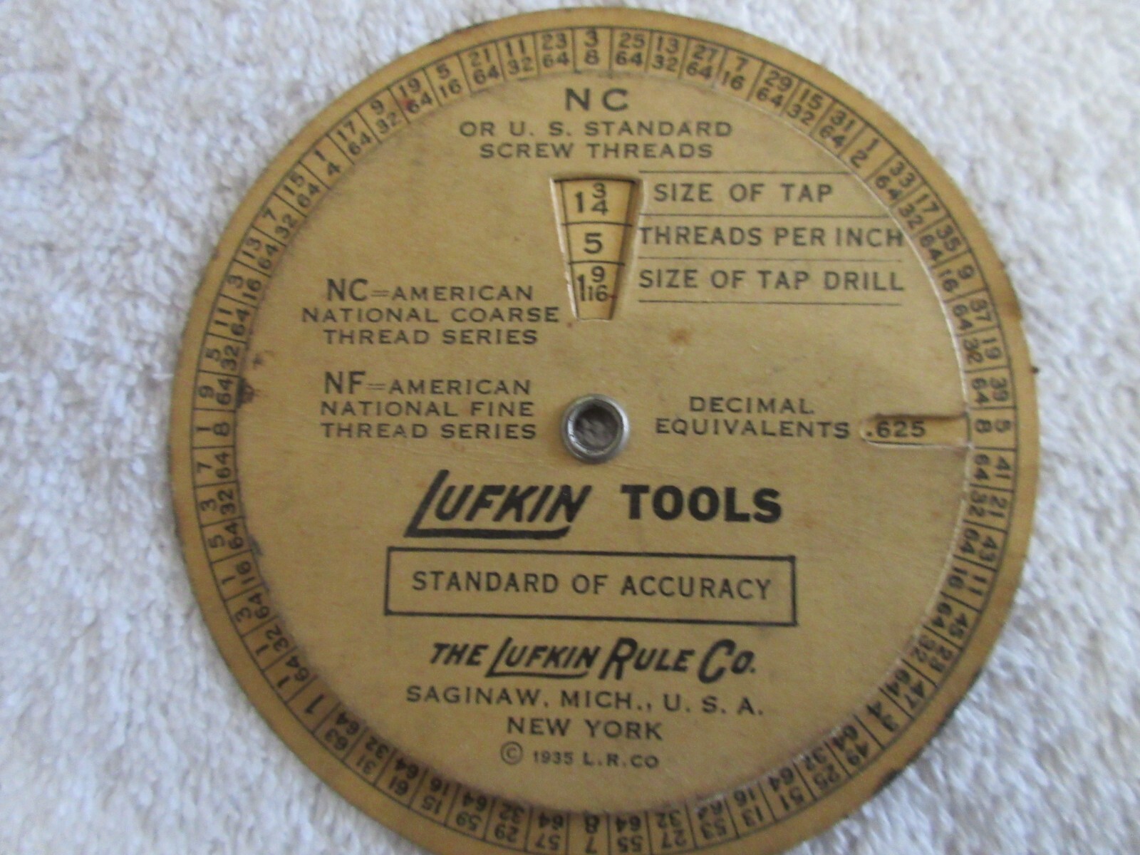 Vintage 1935 Lufkin Tools Wheel Chart Calculator Screw Threads Tap Drill Sizes