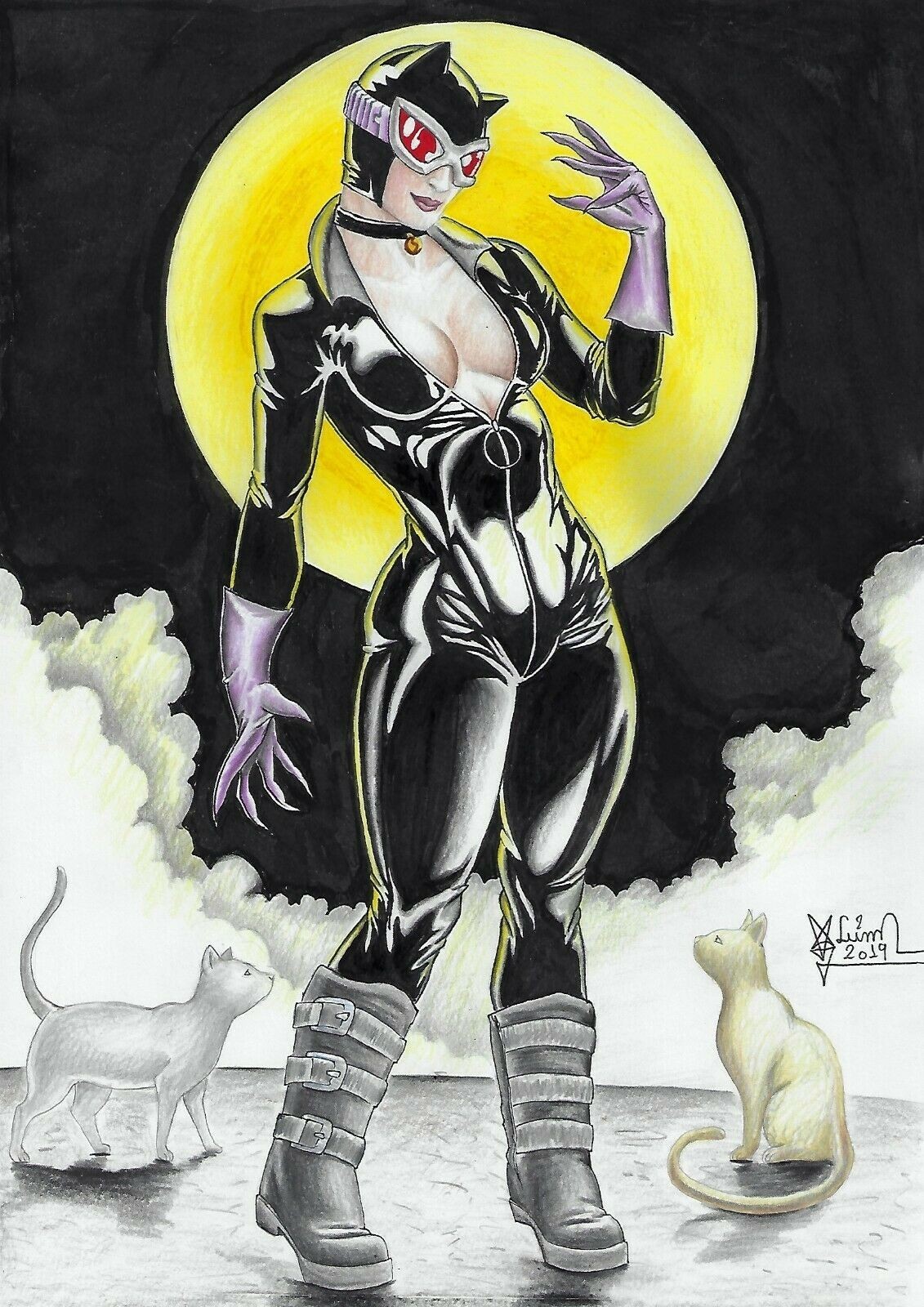 CATWOMAN 8x12 ORIGINAL ART DRAWING PINUP PAGE SKETCH DC COMICS BATMAN FULL-COLOR
