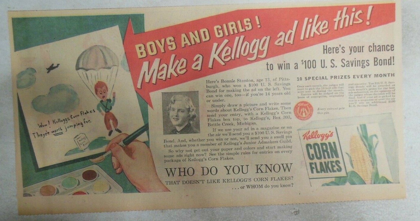 Kellogg\'s Cereal Ad: Hey Kids Win A Savings Bond From 1953 Size: 7.5 x 15 inches