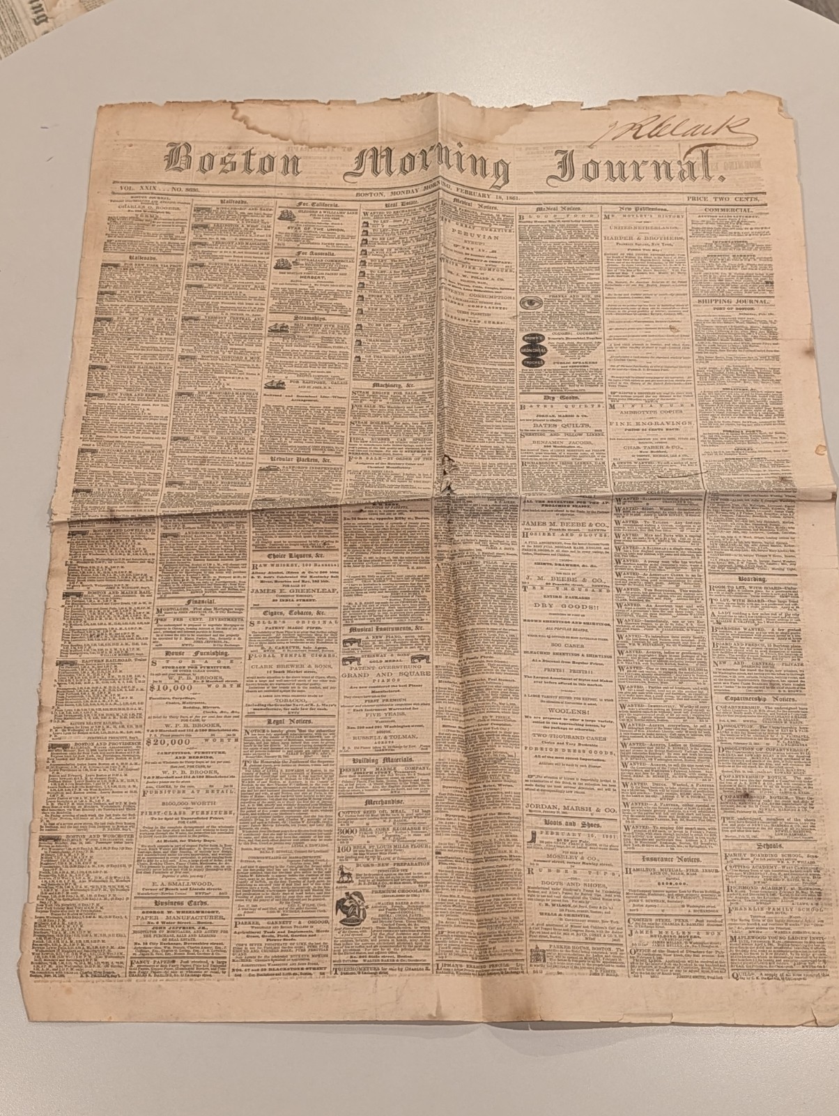 1861 Civil War Newspaper Boston Journal LINCOLN Inaugural Tour JEFFERSON DAVIS 1861 Civil War Newspaper Boston Journal LINCOLN Inaugural Tour JEFFERSON DAVIS
