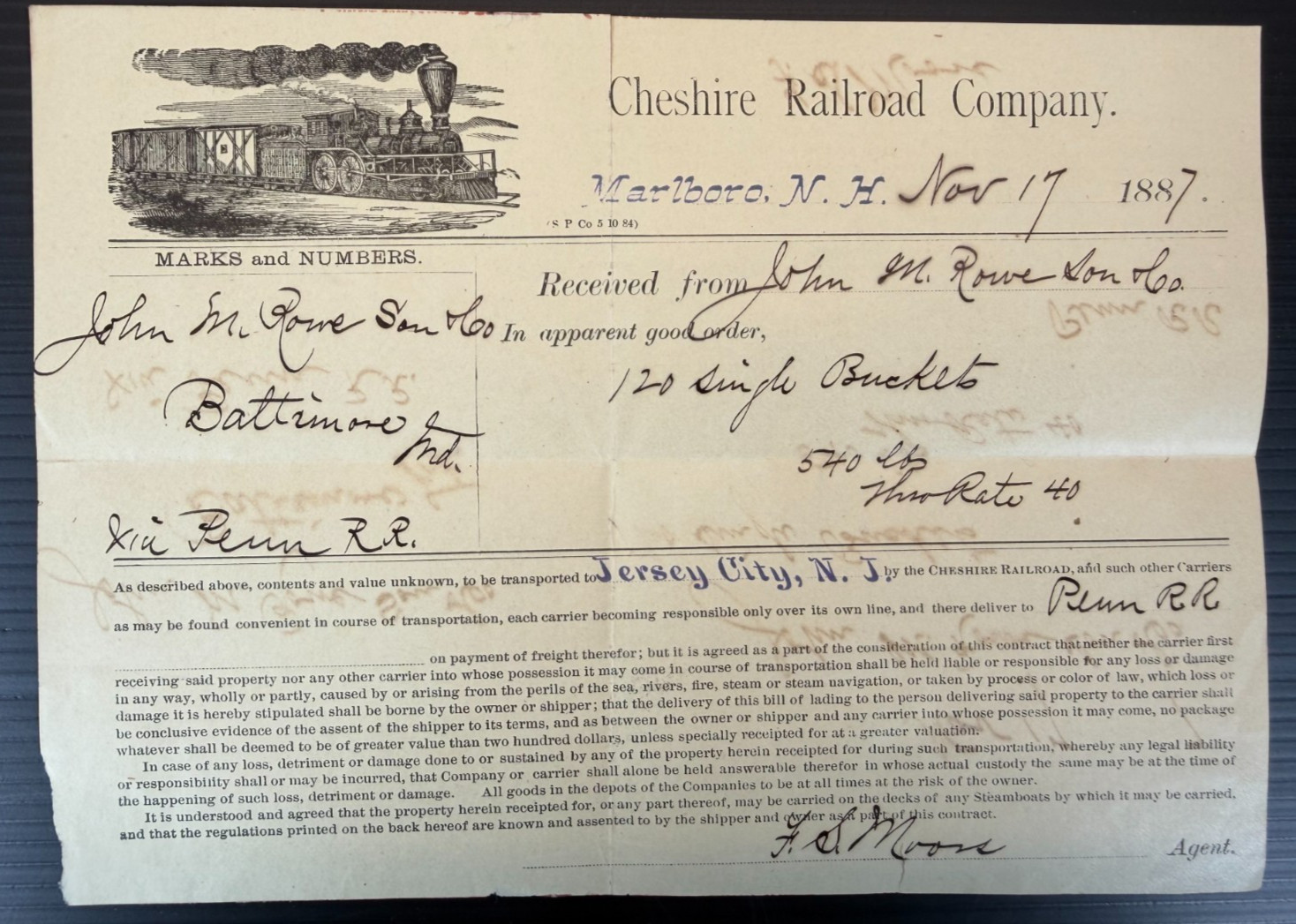 Original 1887 Cheshire Railroad Company Freight Receipt Bill Of Lading NH