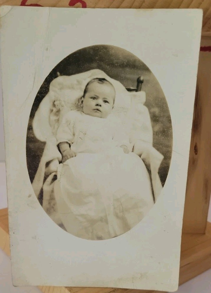 1910s Vintage RPPC Real Photo Postcard Infant Baby Long Christening Gown AZO...